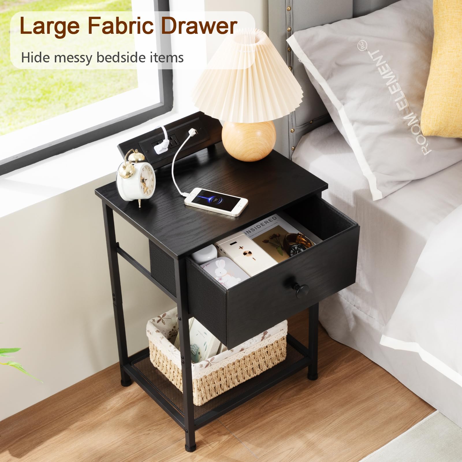 AMHANCIBLE Night Stand Set of 2 - Black Bedside Tables with Charging Station & Fabric Storage Drawer - Slim End Tables for Small Spaces - Perfect for Bedroom, Living Room & Dorm Use