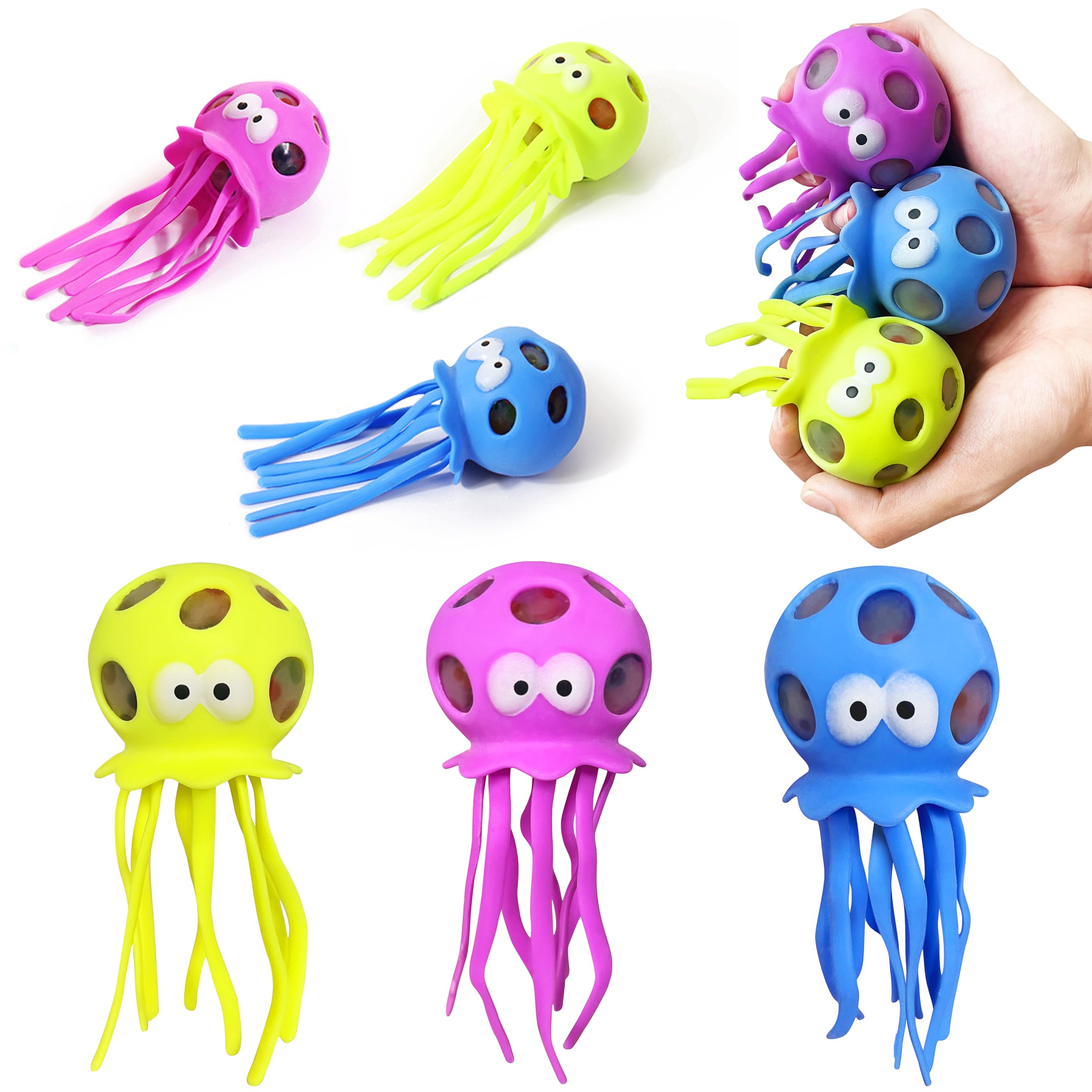 3 Pack Octopus Squishy Stress Balls for Adults & Kids - Ocean Animal Sensory Toys for Anxiety Relief, Classroom Prizes, Party Favors - Soft Squeeze Fidget Toys for Office, School, Travel & Stress Management