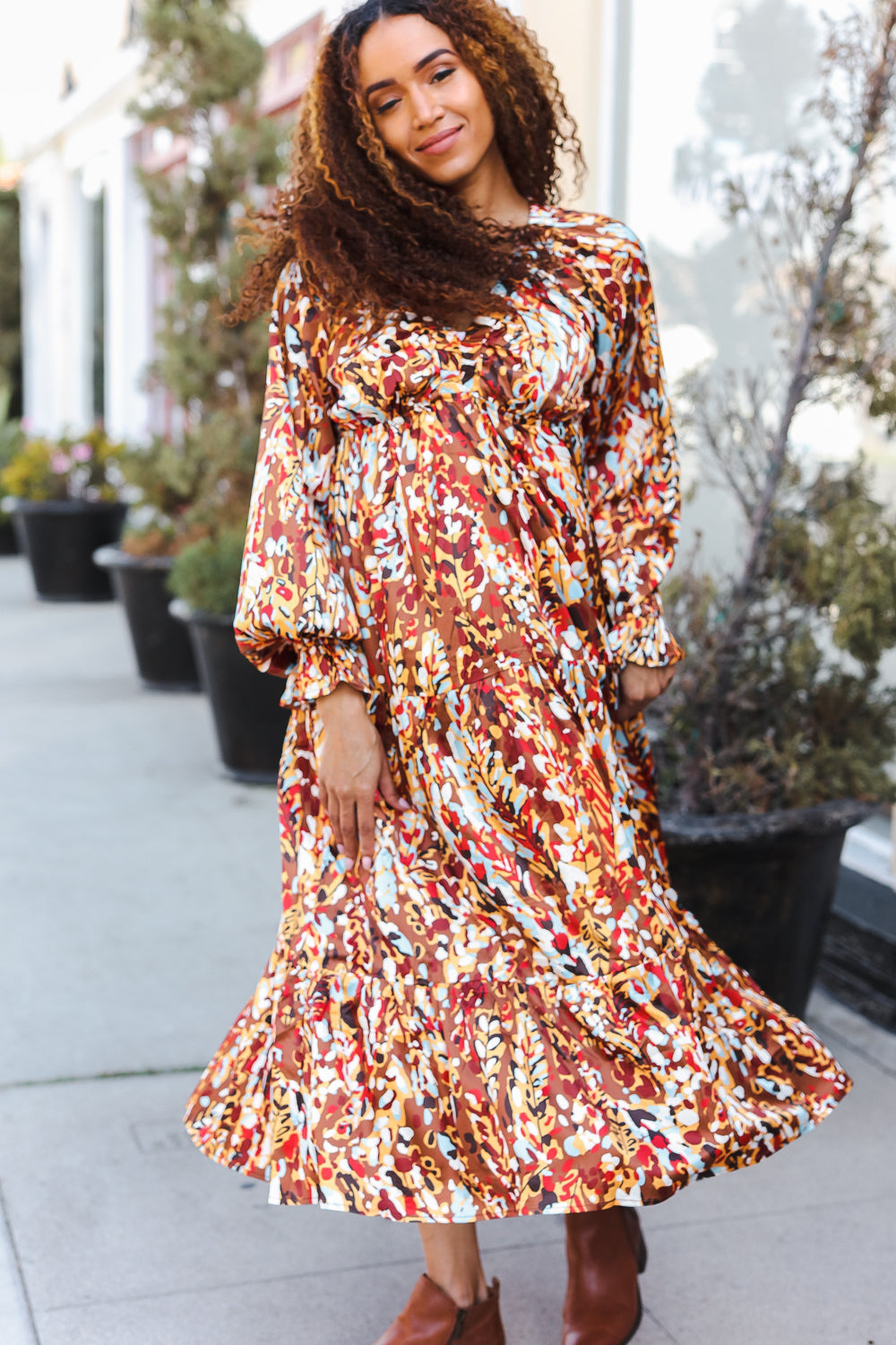 Feeling Femme Mocha Floral Print V-Neck Satin Maxi Dress for Women | Elegant Evening Gown for Weddings, Parties & Special Occasions
