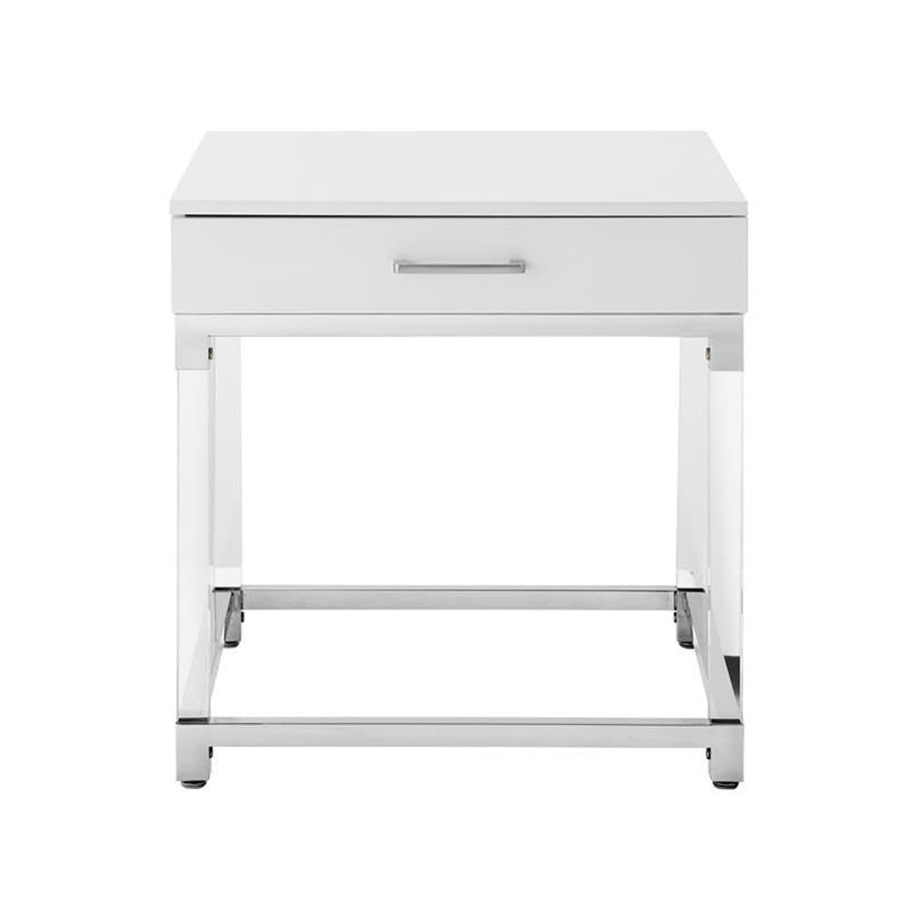 Briar 1-Drawer Metal Nightstand with Acrylic Legs - White Chrome Finish Bedside Table for Living Room, Bedroom & Office Use