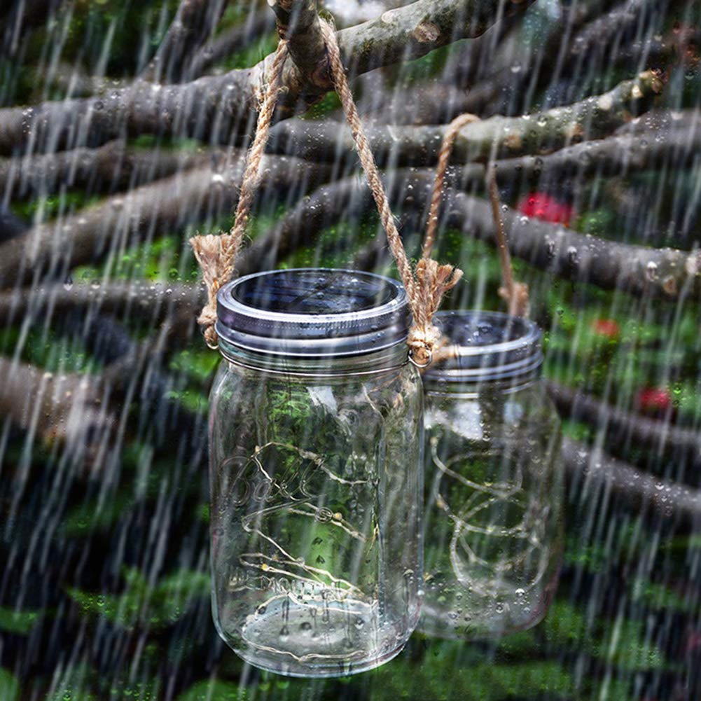 Solar Mason Jar Lights - 2 Pack Waterproof 20 LED Fairy String Lights with Jars & Hangers - Warm White Outdoor Decoration for Garden, Patio, Pathway, Wedding, Party & Christmas Decor