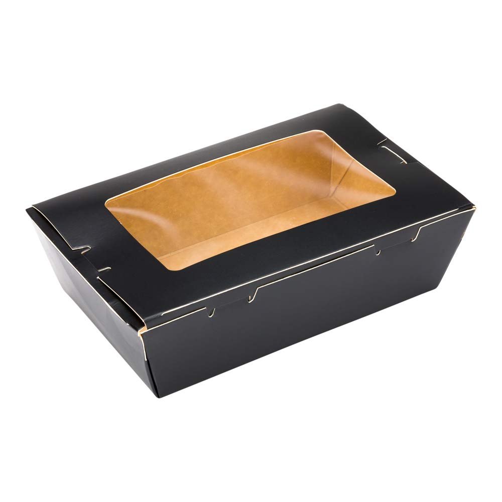 Restaurantware Cafe Vision 21oz Disposable Takeout Food Containers - 200 Pack Black Paper To-Go Boxes with Hinge Lock & Grease-Proof Window | Perfect for Lunch, Desserts, Catering & Restaurant Food Delivery