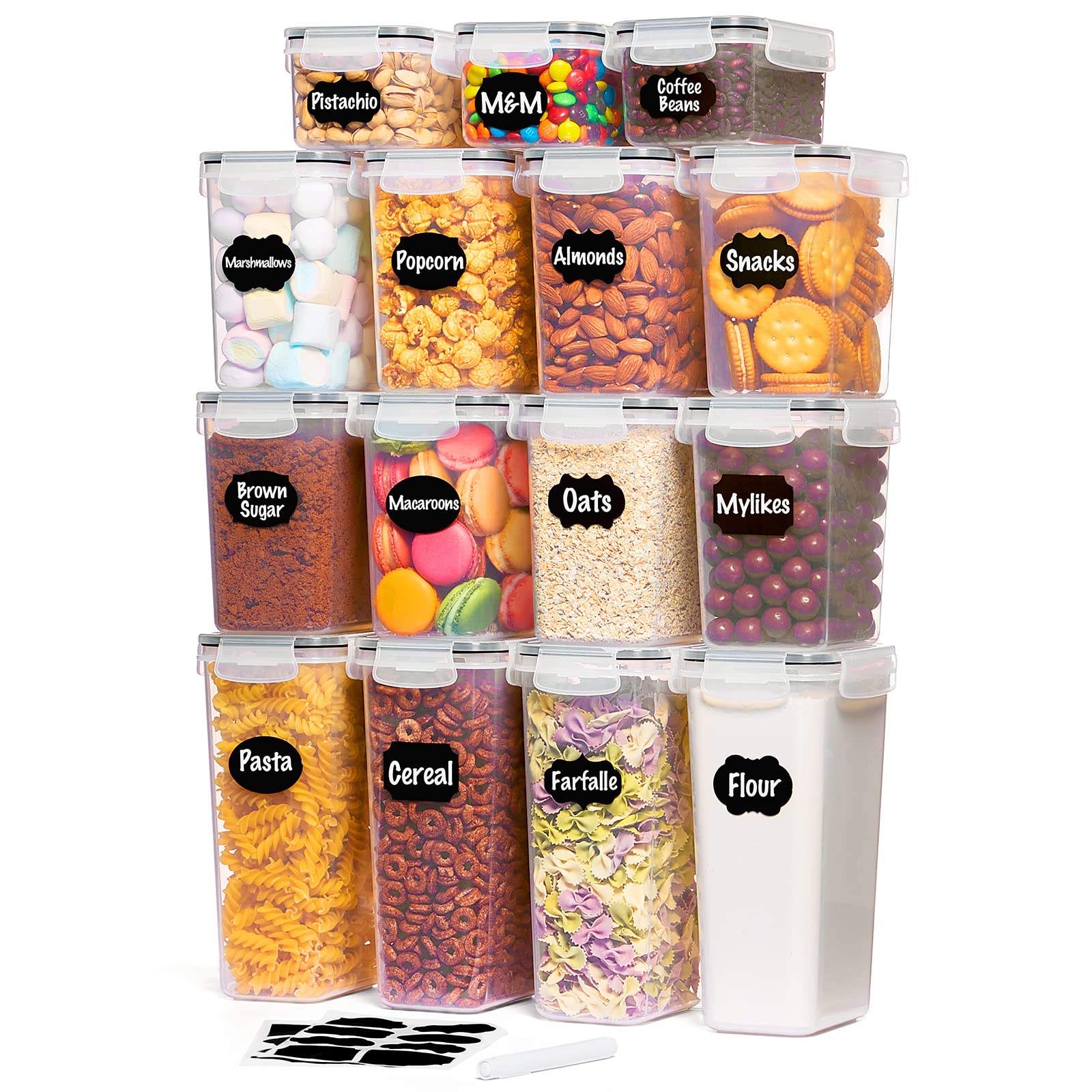 Lifewit 15-Piece Airtight Food Storage Container Set with Lids & Labels - BPA-Free Plastic Kitchen Organizers for Cereal, Flour, Sugar & Dry Food Storage | Perfect for Pantry Cabinet Organization & Meal Prep