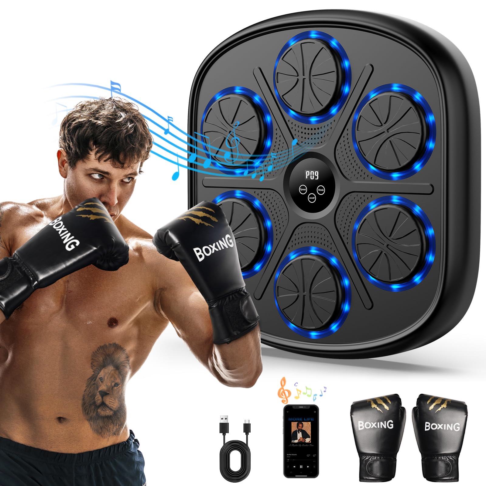 2024 Bluetooth Boxing Machine with 6.5ft Charging Cable & 2 Gloves - Wall Mounted Music Punching Bag, Adjustable Hitting Sound Volume, Durable PU Material for Home Fitness, Weight Loss & Stress Relief - Perfect for Home Gym, Boxing Training & Cardio Workouts