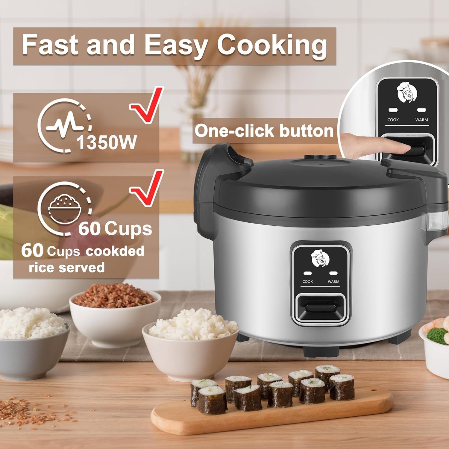 13L Commercial Rice Cooker & Warmer - 60 Cups Cooked (30 Cups Raw) - 1350W Fast Cooking, Auto Keep Warm - Large Capacity for Restaurants, Catering, Buffets & Events (Black) - Perfect for High Volume Rice Cooking Needs