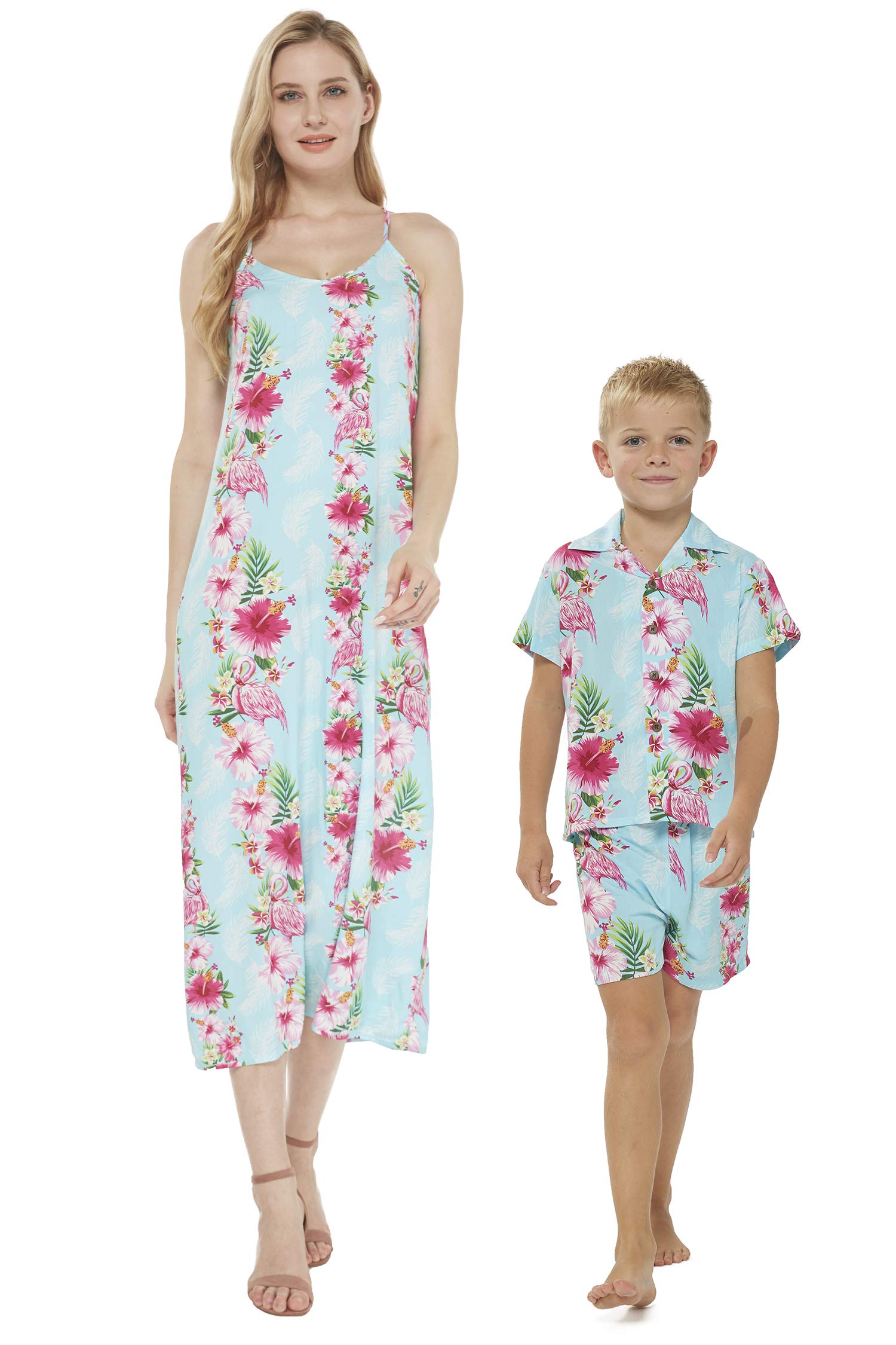 Stylish Matching Mother & Son Hawaiian Luau Outfits - Pink Hibiscus Vine Aloha Shirt & Dress Set for Tropical Parties, Beach Vacations, and Family Photos