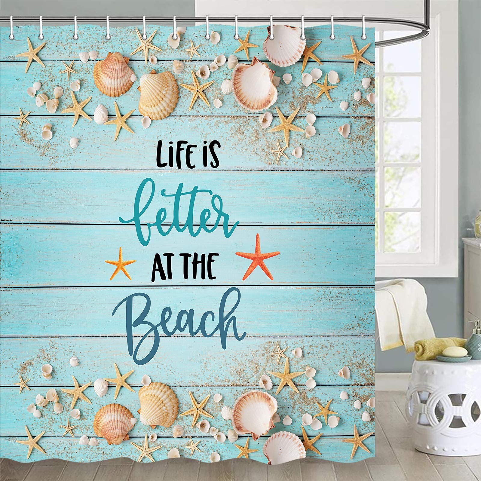 JAWO Coastal Beach Starfish Shower Curtain Set - Nautical Ocean Theme with Seashell & Starfish Design, Blue Aqua Watercolor Print, 72x72 Inch with Hooks - Perfect for Bathroom Decor, Coastal Homes & Beach House Style