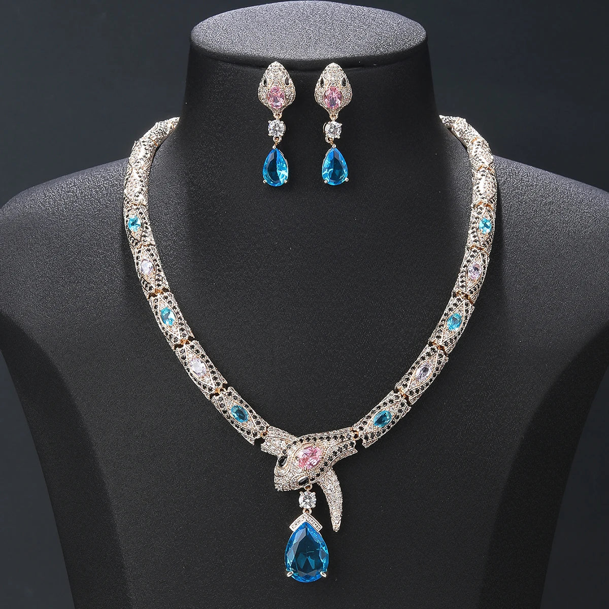 Luxury Cubic Zirconia Snake Necklace & Earrings Set for Women - Elegant Animal Jewelry for Parties, Weddings & Evening Events - Fashion Costume Accessories CN11429