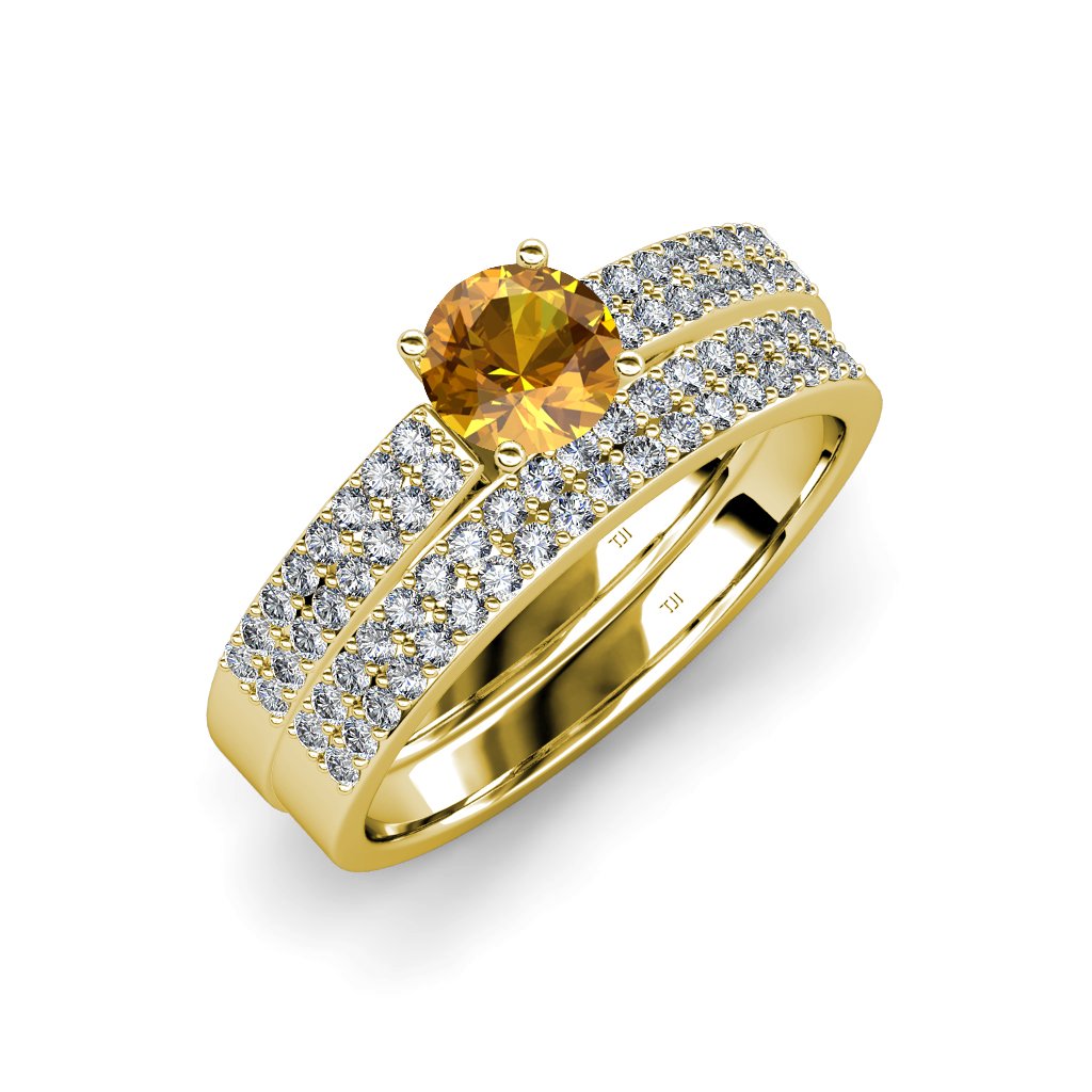 1.65ctw Citrine & Diamond Double Row Engagement Ring & Wedding Band Set in 14K Yellow Gold - Perfect for Proposals, Anniversaries & Bridal Jewelry