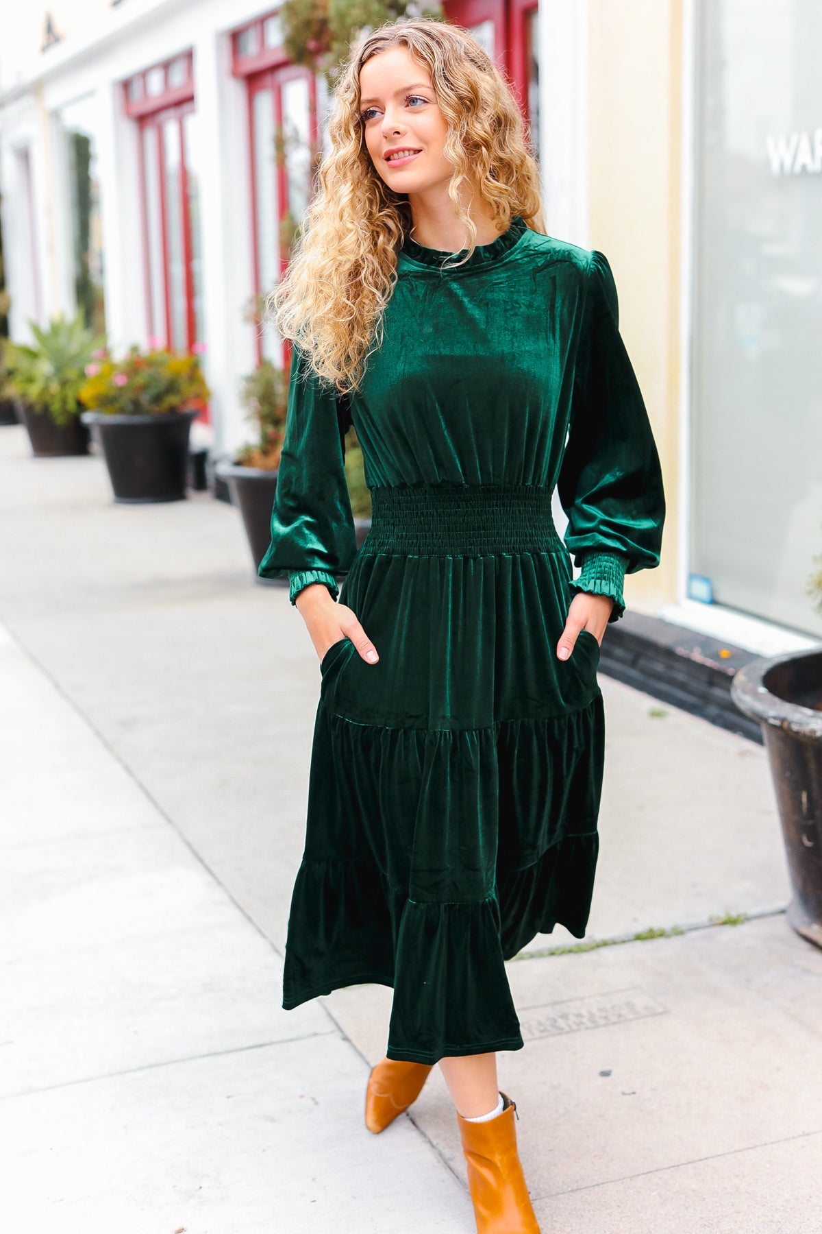 Holiday Dreaming Hunter Green Velvet Mock Neck Smocked Waist Dress for Women - Elegant Holiday Party & Christmas Dinner Outfit
