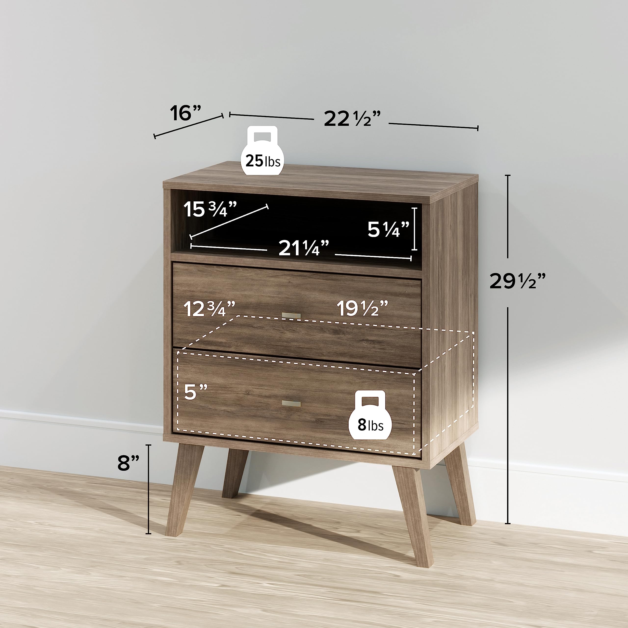 Mid-Century Modern Nightstand with 2 Drawers & Open Shelf - Drifted Gray Bedside Table for Contemporary Bedrooms, 16