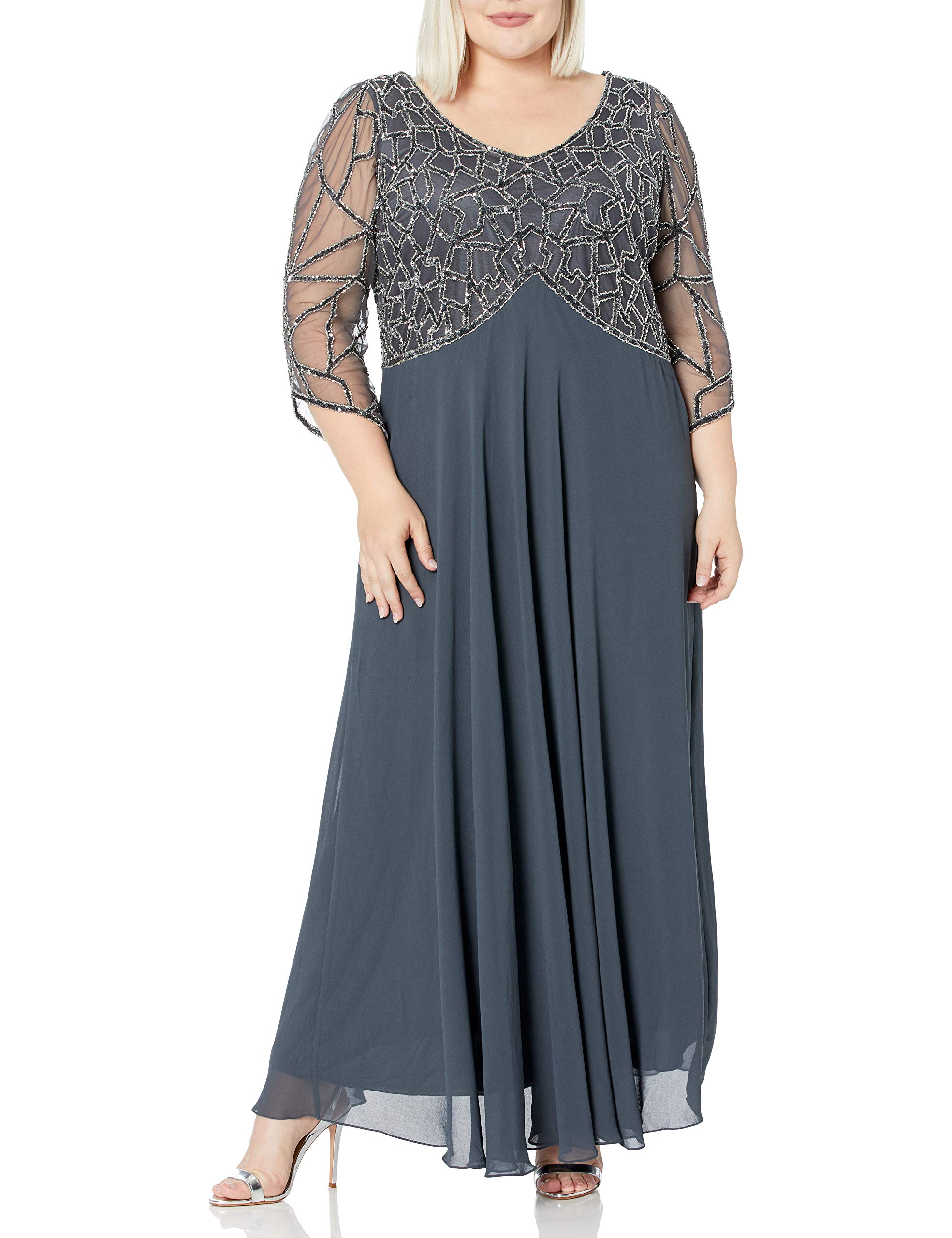 J Kara Women's Plus Size 3/4 Sleeve V-Neck Geometrical Beaded Long Maxi Dress for Evening Party, Wedding Guest & Special Occasions