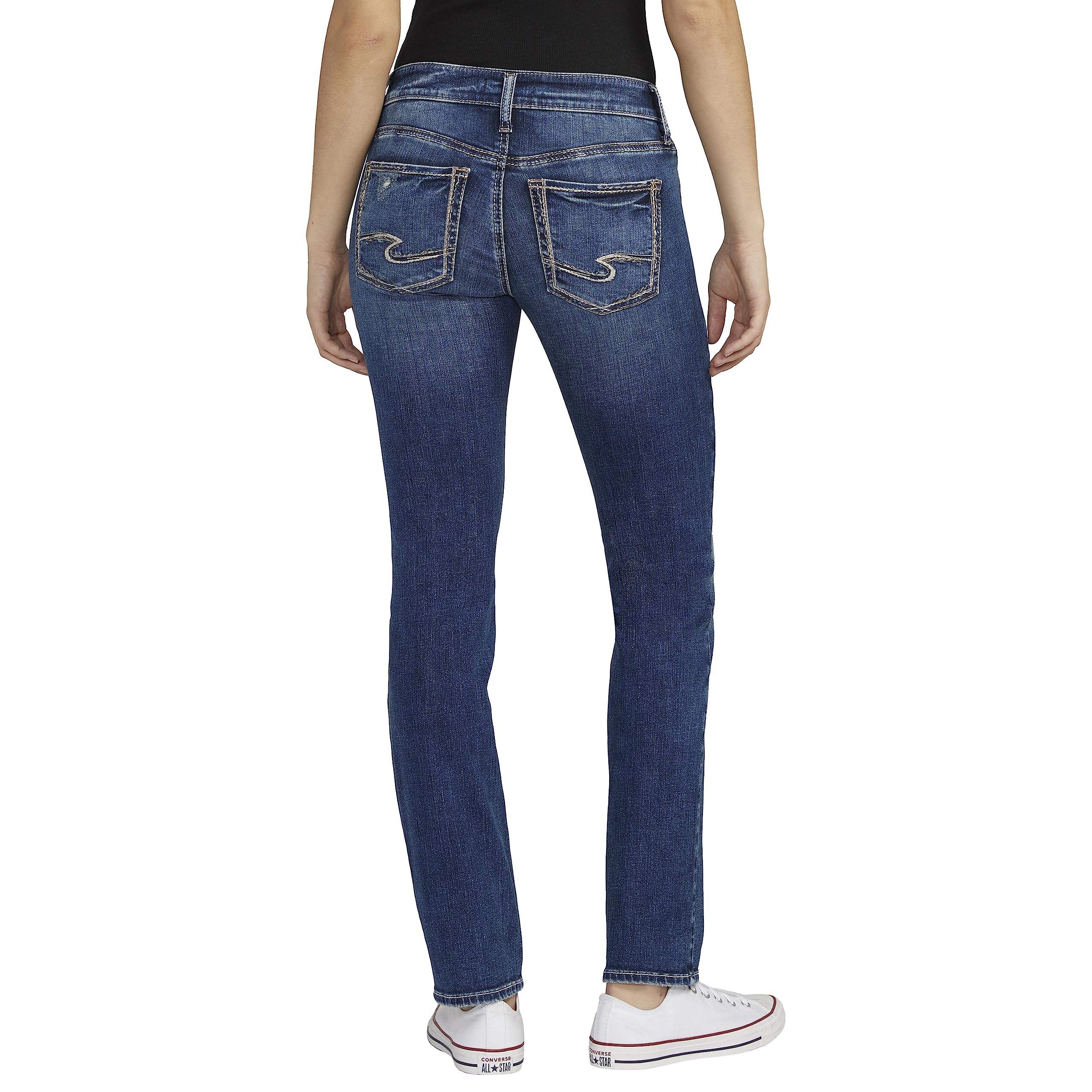 Silver Jeans Co. Women's Britt Low Rise Curvy Fit Straight Leg Jeans - Comfortable Stretch Denim Pants for Casual Wear & Everyday Outfits