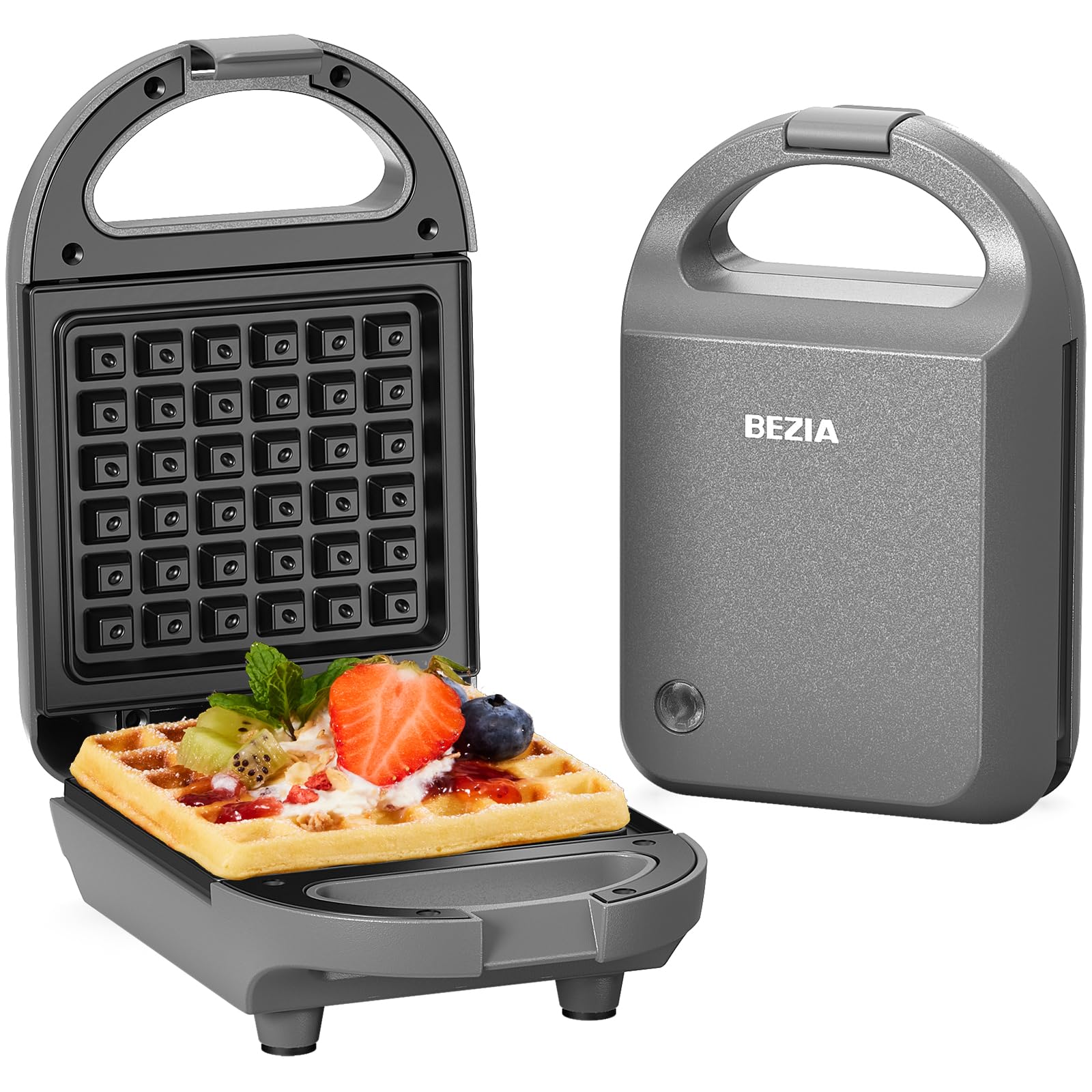 BEZIA Mini Waffle Maker 600W - Compact Non-Stick Square Waffle Iron for Keto Chaffles, Grilled Cheese & Breakfast - Fast Heating, Easy to Clean, Perfect for Small Kitchens, Dorms & Camping (Gray)