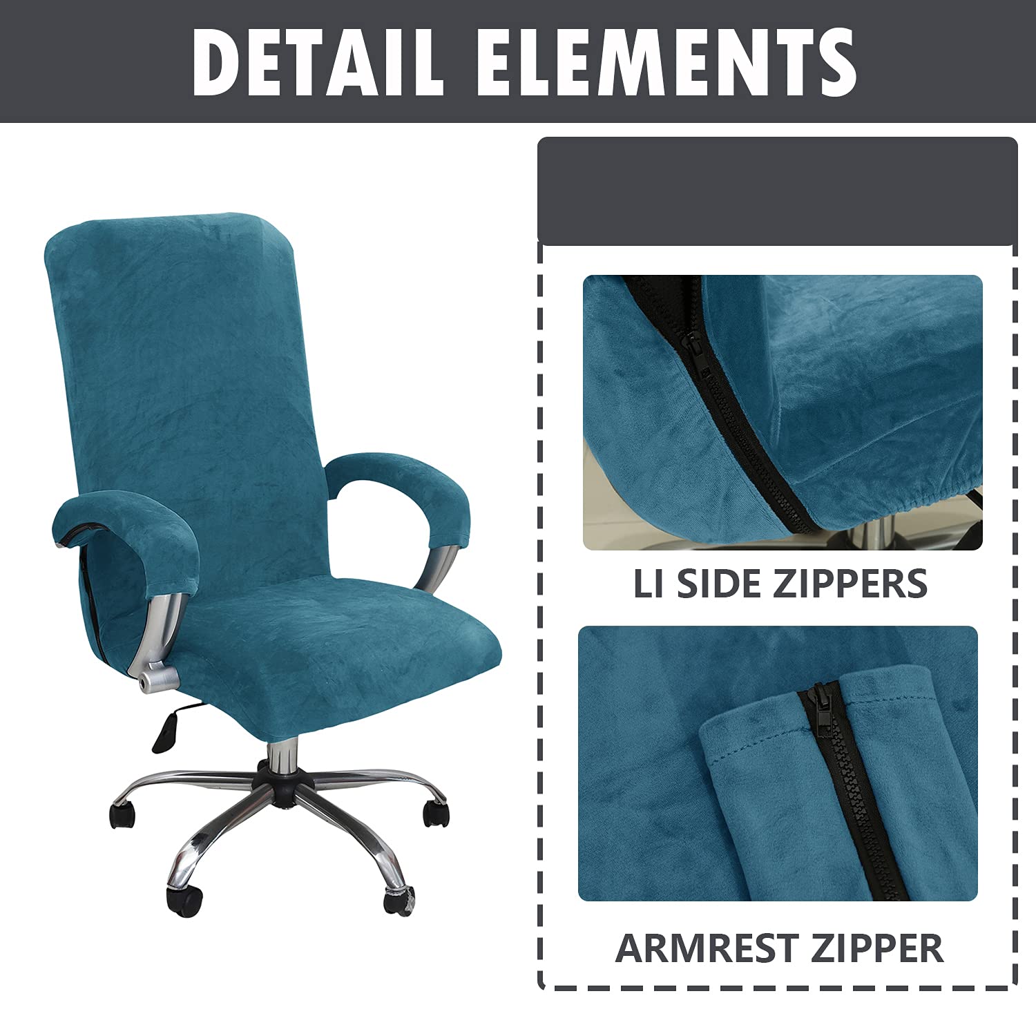NILUOH Stretch Velvet Office Chair Cover with Armrest Covers - Universal Fit for Computer Desk, Boss Swivel & Gaming Chairs (Large, Peacock Blue) - Home Office & Workspace Decor Upgrade