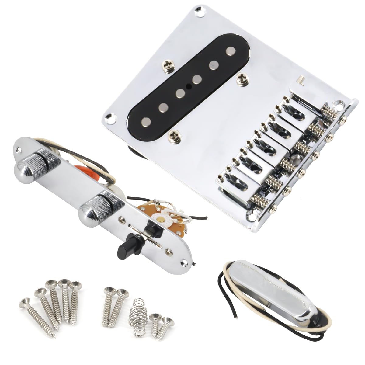 6-String Saddle Bridge Plate with Prewired 3-Way Switch & Neck Pickup Set - Chrome Replacement Parts for Squier Telecaster Electric Guitar | Perfect for DIY Guitar Upgrades & Professional Repairs