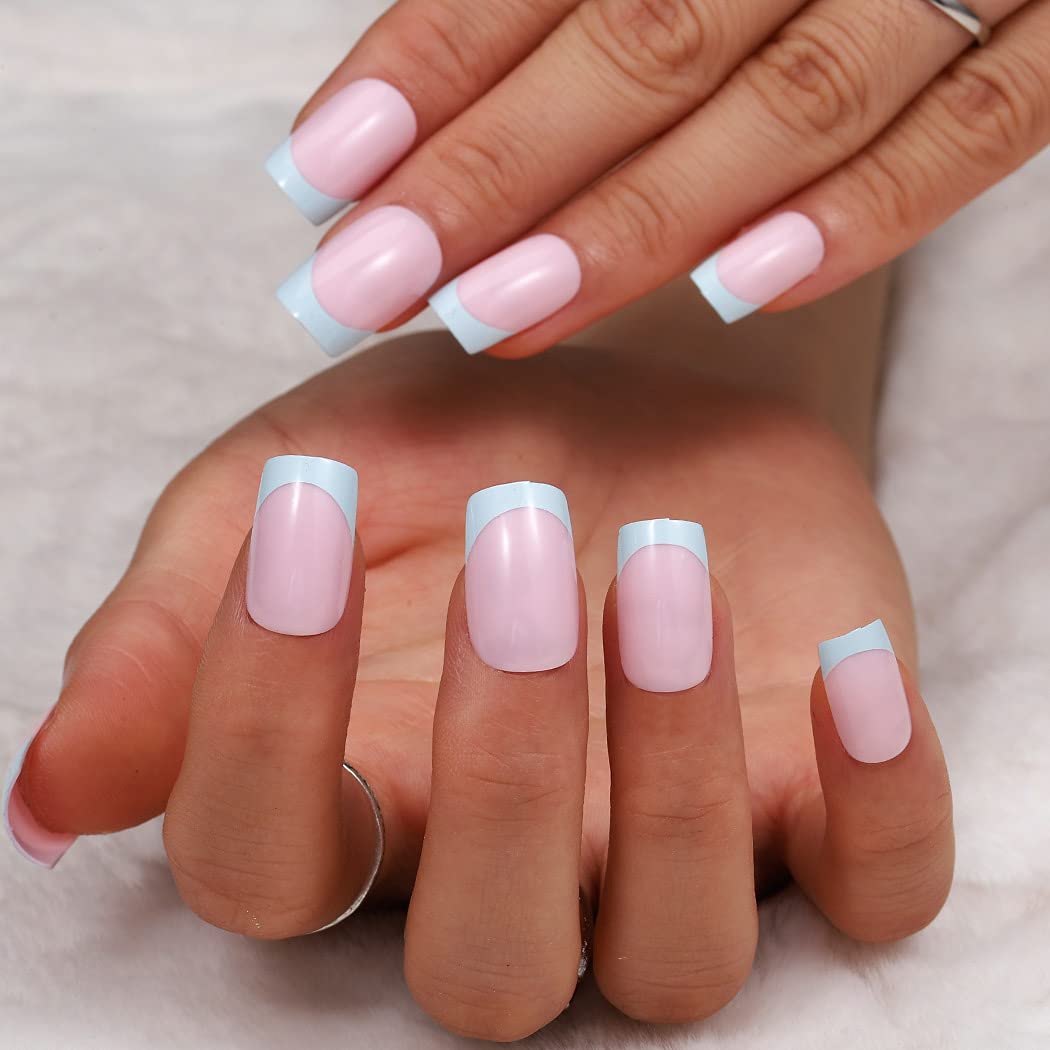 Glossy Pink Short Square Press On Nails - 24Pcs Full Cover French Fake Nails with Ballerina Tips | Acrylic Nail Accessories for Women & Girls | Perfect for Wedding, Party, Prom, Festival & Daily Wear (Style D)