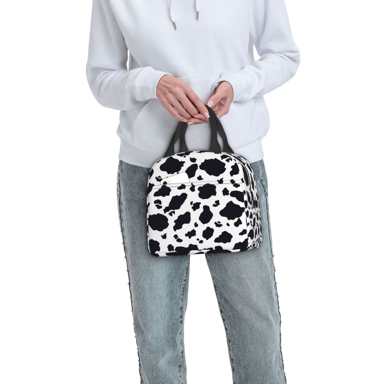 Black and White Cow Print Insulated Lunch Bag - Reusable Tote for Office, Camping, Travel, Picnic, Beach & Fishing - Portable Cooler for Adults (Great for Work, School, Outdoor Adventures & Daily Commute)