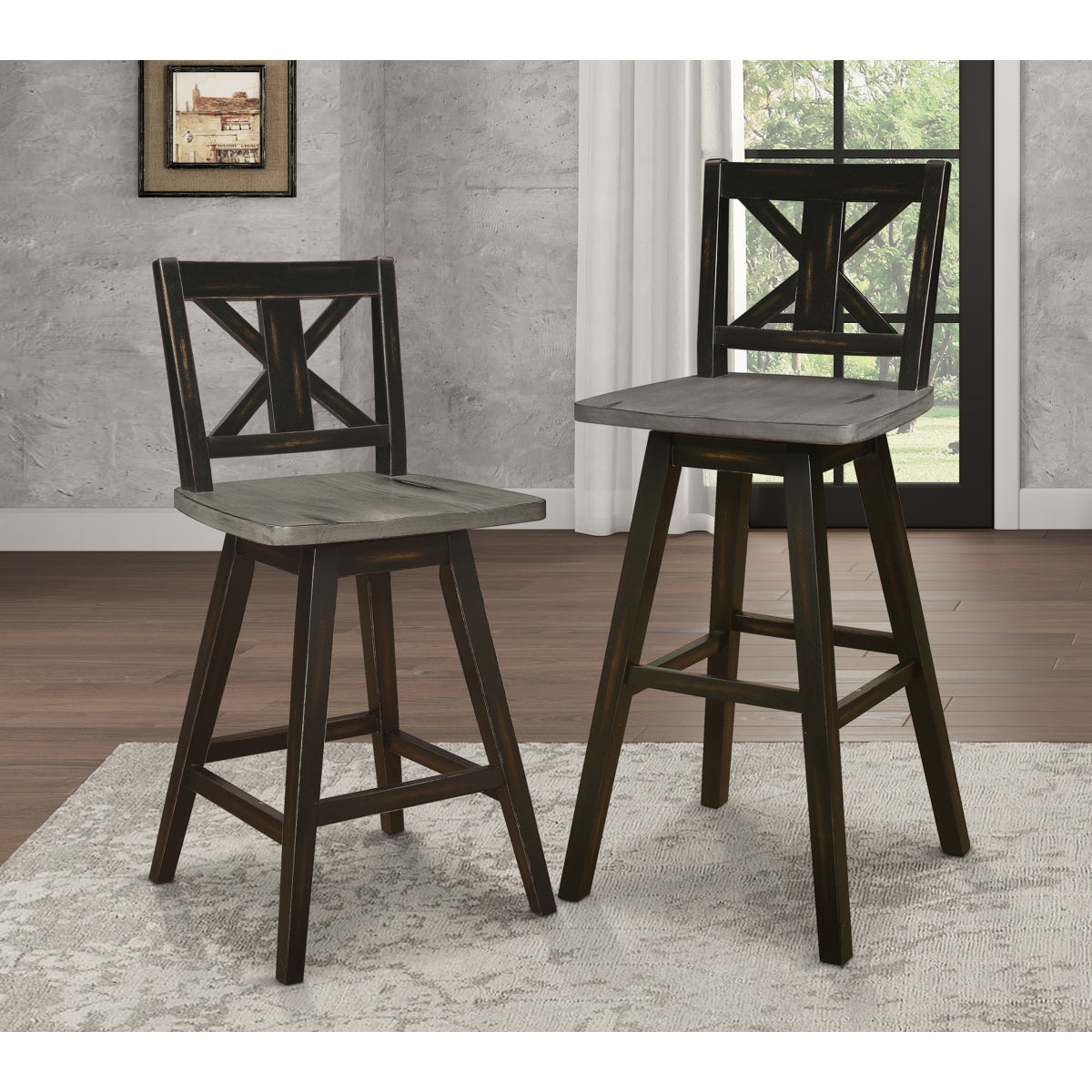 Black Swivel Counter Height Chair with X Back - Set of 2 Bar Stools for Kitchen Island, Breakfast Nook & Home Bar | Modern Dining & Pub Style Seating