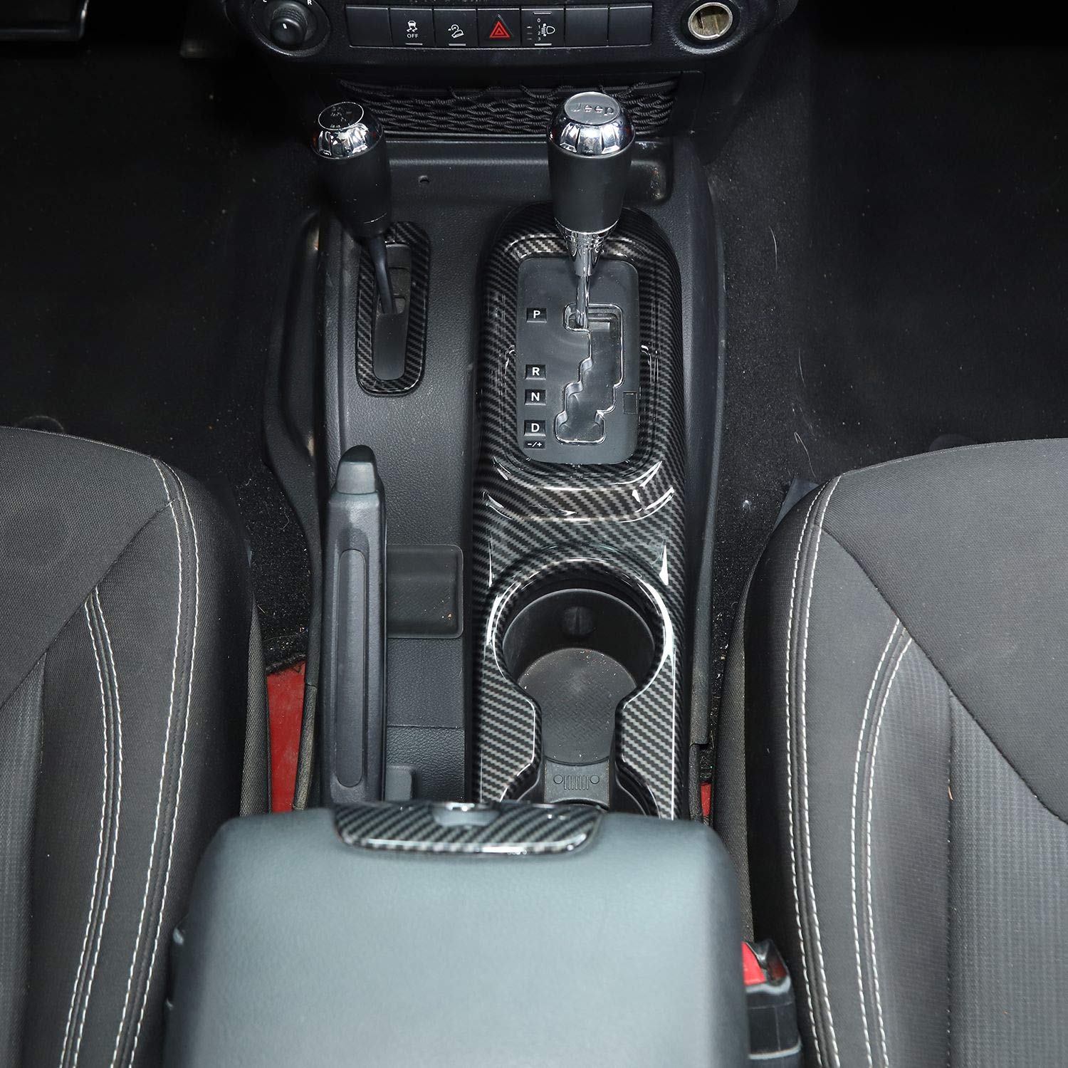 Jeep JK Center Console Armrest Cup Holder & Gear Shift Trim - ABS Carbon Fiber 3pcs Set for 2011-2018 Jeep Wrangler JK/JKU | Interior Upgrade Accessories for Comfort & Organization