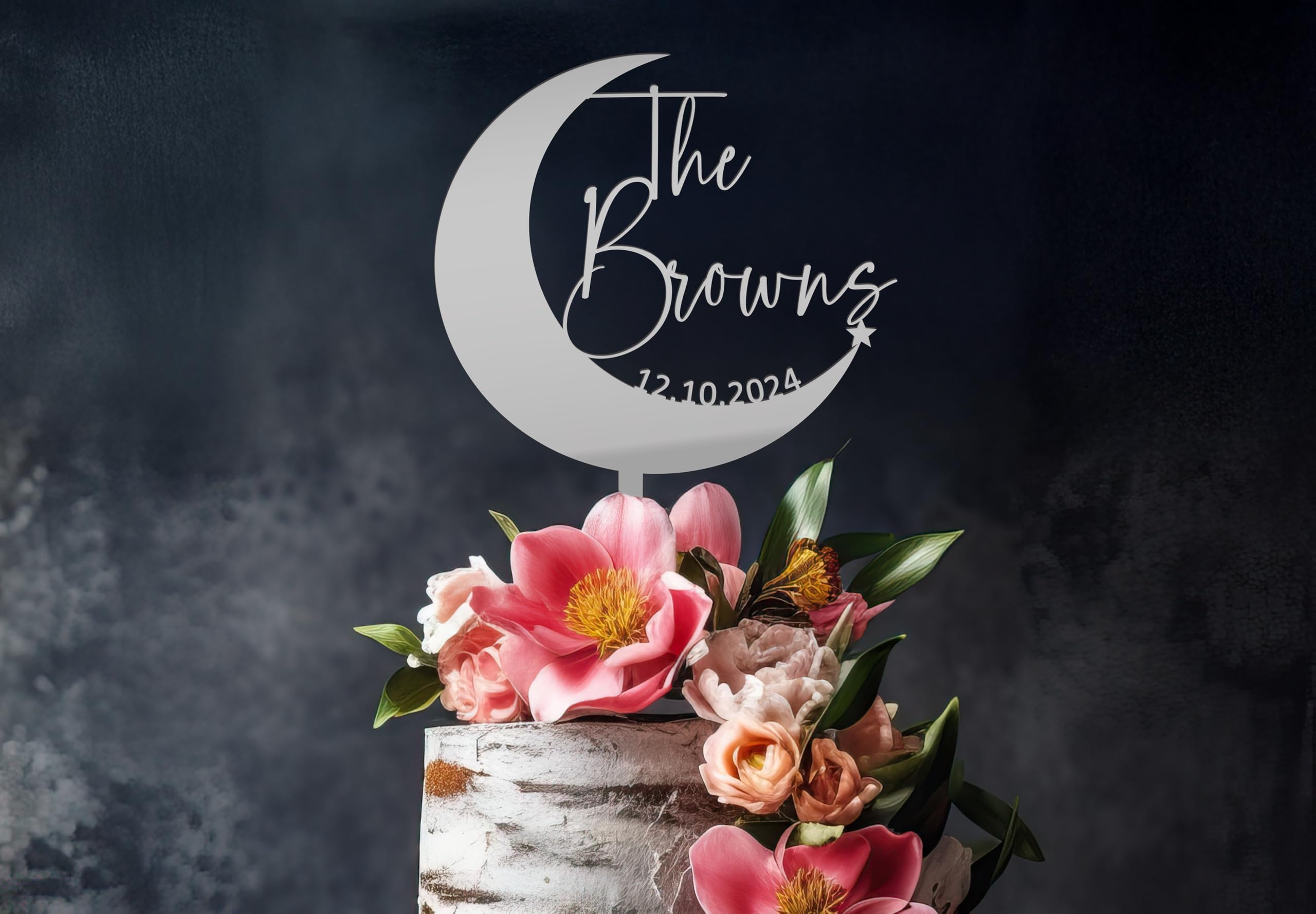 Custom Crescent Moon Wedding Cake Topper - Personalized Celestial Cake Decor with Names & Date - Elegant Country Wedding Cake Topper for Rustic, Boho & Celestial Themed Weddings