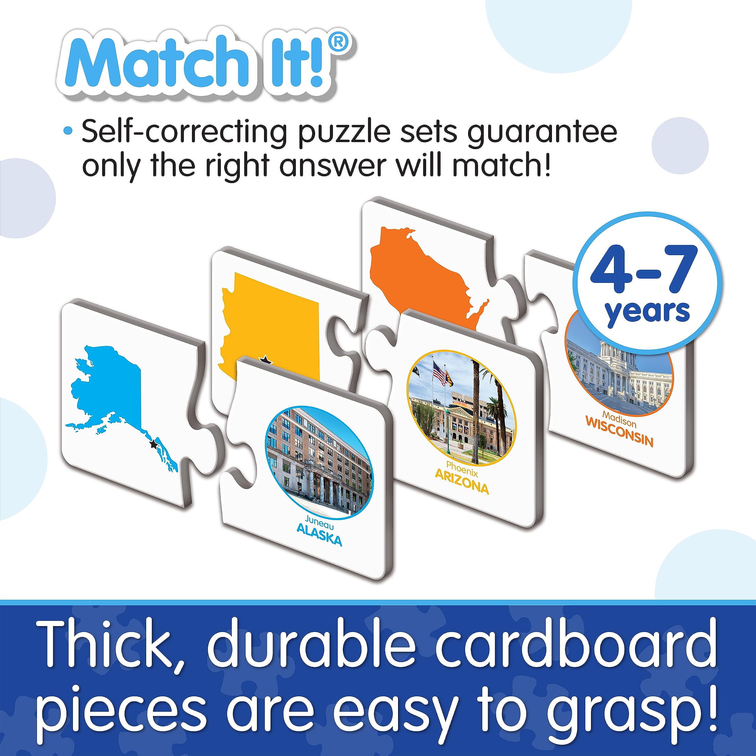 Match It! States & Capitals Puzzle Flash Cards – 50 Self-Correcting Two-Piece Learning Game – Award-Winning Educational Toy for Kids – Perfect for Homeschooling & Classroom Geography Lessons
