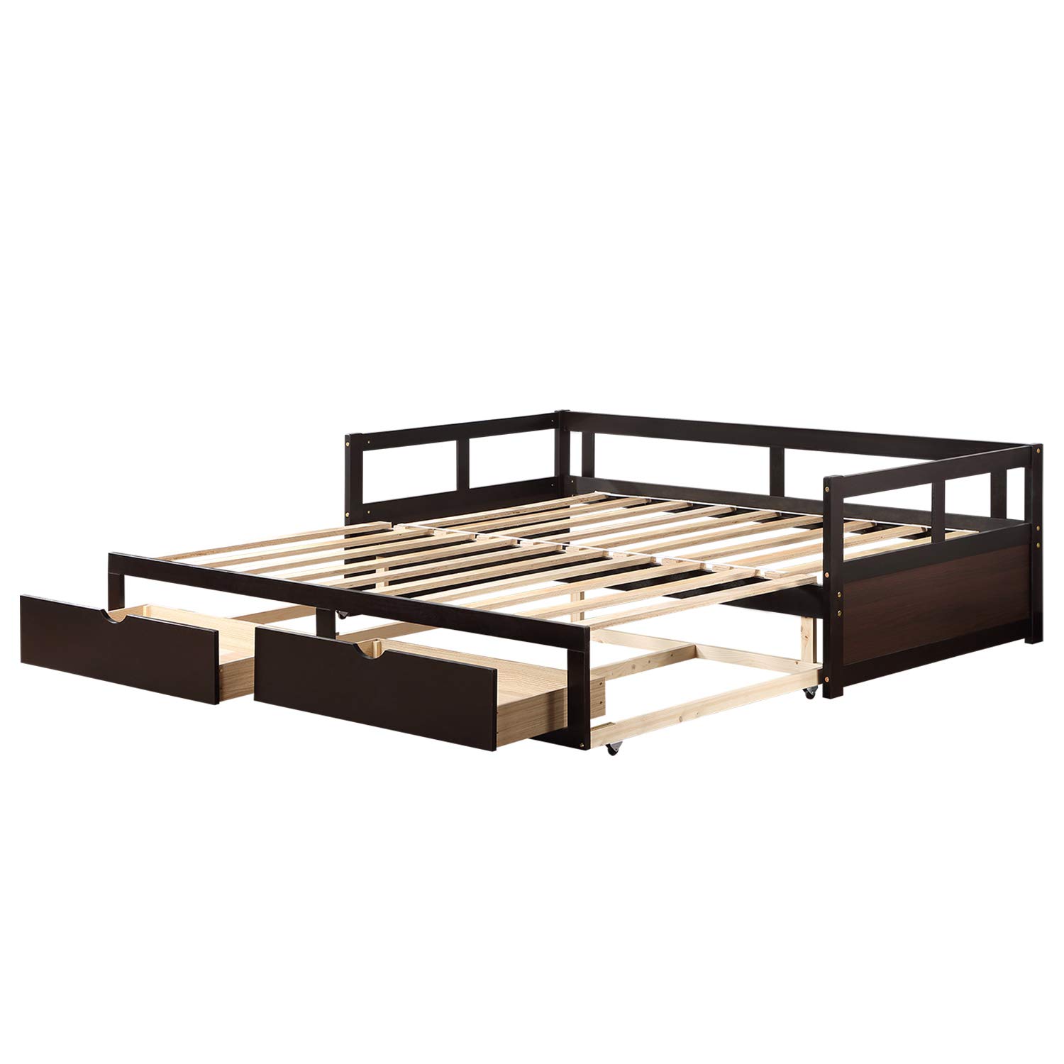 Twin to King Wooden Daybed with Trundle & 2 Storage Drawers - Convertible Extendable Sofa Bed for Small Spaces, Guest Room & Living Room - No Box Spring Needed (Espresso Finish + King Size) - Perfect for Apartments, Dorms & Multi-Functional Spaces