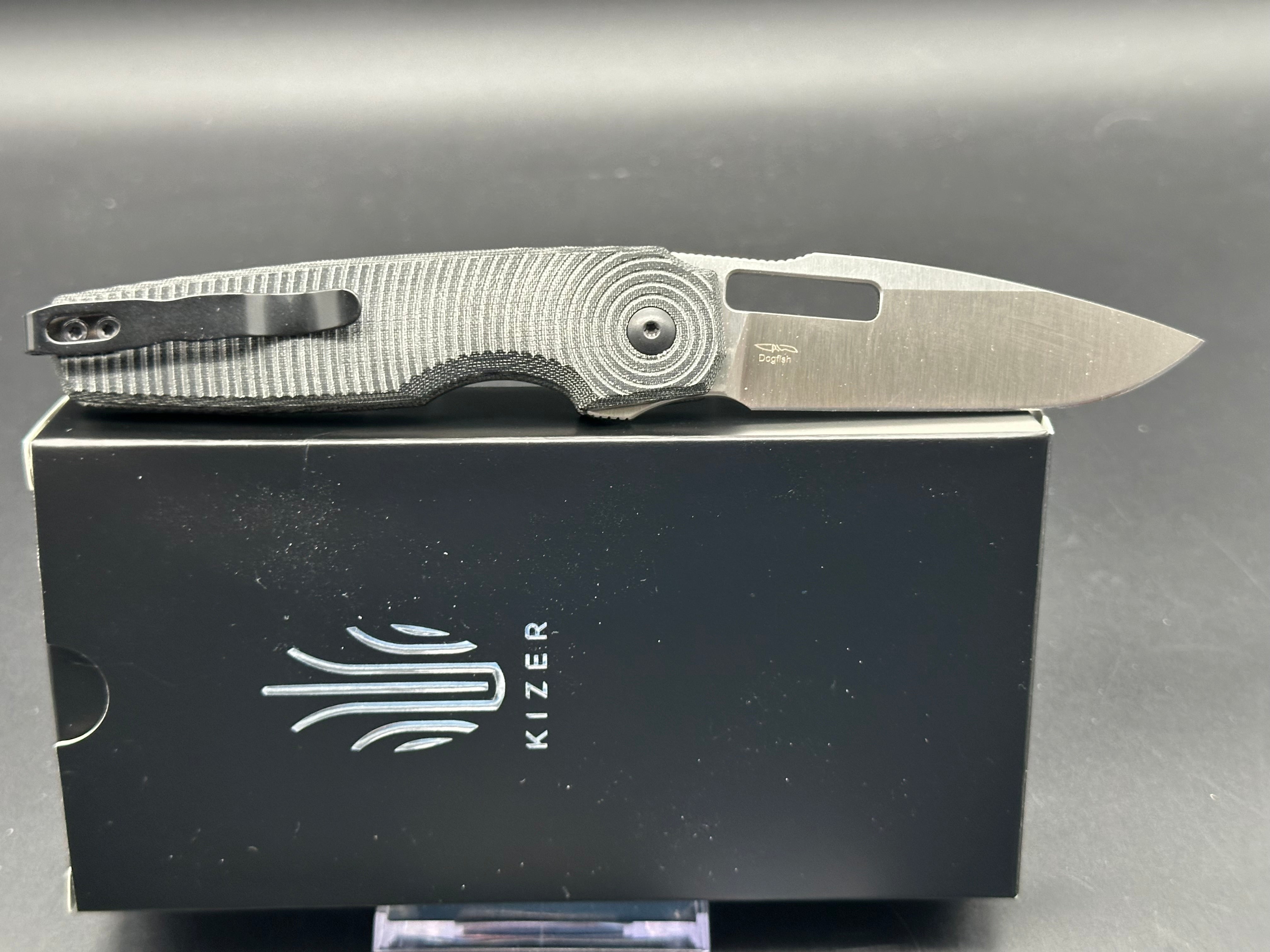 KIZER DOGFISH Button Lock Folding Knife - Black Micarta Handle, Nitro-V Steel Blade, Drop Point Plain Edge - EDC, Outdoor, Camping & Survival Knife