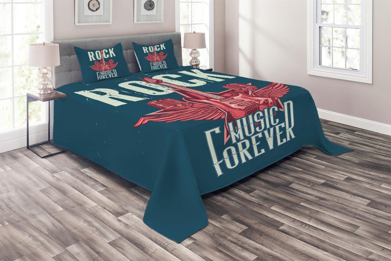 Ambesonne Rock and Roll King Size 3-Piece Quilted Bedspread Set with 2 Pillow Shams - Guitar & Microphone Wing Design in Dark Teal, Pastel Green & Coral - Perfect for Music Lovers' Bedroom Decor & Rock Theme Parties