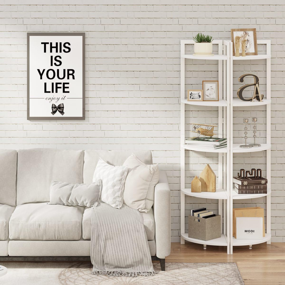 FATORRI 5-Tier Tall Corner Shelf - Modern Wood & Metal Bookshelf for Living Room, Home Office - Corner Plant Stand, Bookcase - White Oak - Perfect for Small Spaces & Stylish Storage
