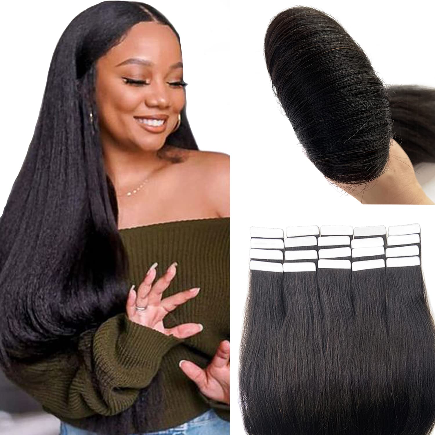 Premium Tape in Hair Extensions 100% Human Hair - Yaki Straight 20-Piece Set (22 Inch, 50G) - Double Sided Seamless Skin Weft for Black Women - Natural Look & Easy Application - Perfect for Daily Wear, Special Occasions & Styling Versatility