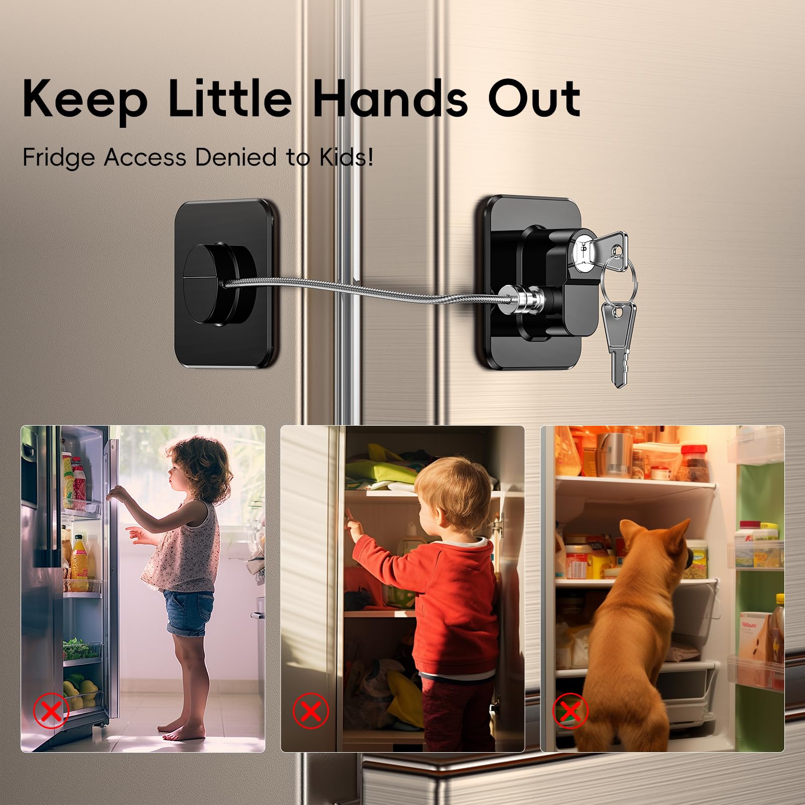 2 Pack Refrigerator Locks with Keys - Child Safety Locks for Kids, Toddlers & Adults - Self Adhesive Baby Proofing Fridge Latches for Double Door, French Door, Cabinets, Drawers, Oven & Windows (Patent) - Keep Your Home Safe from Curious Children & Pets