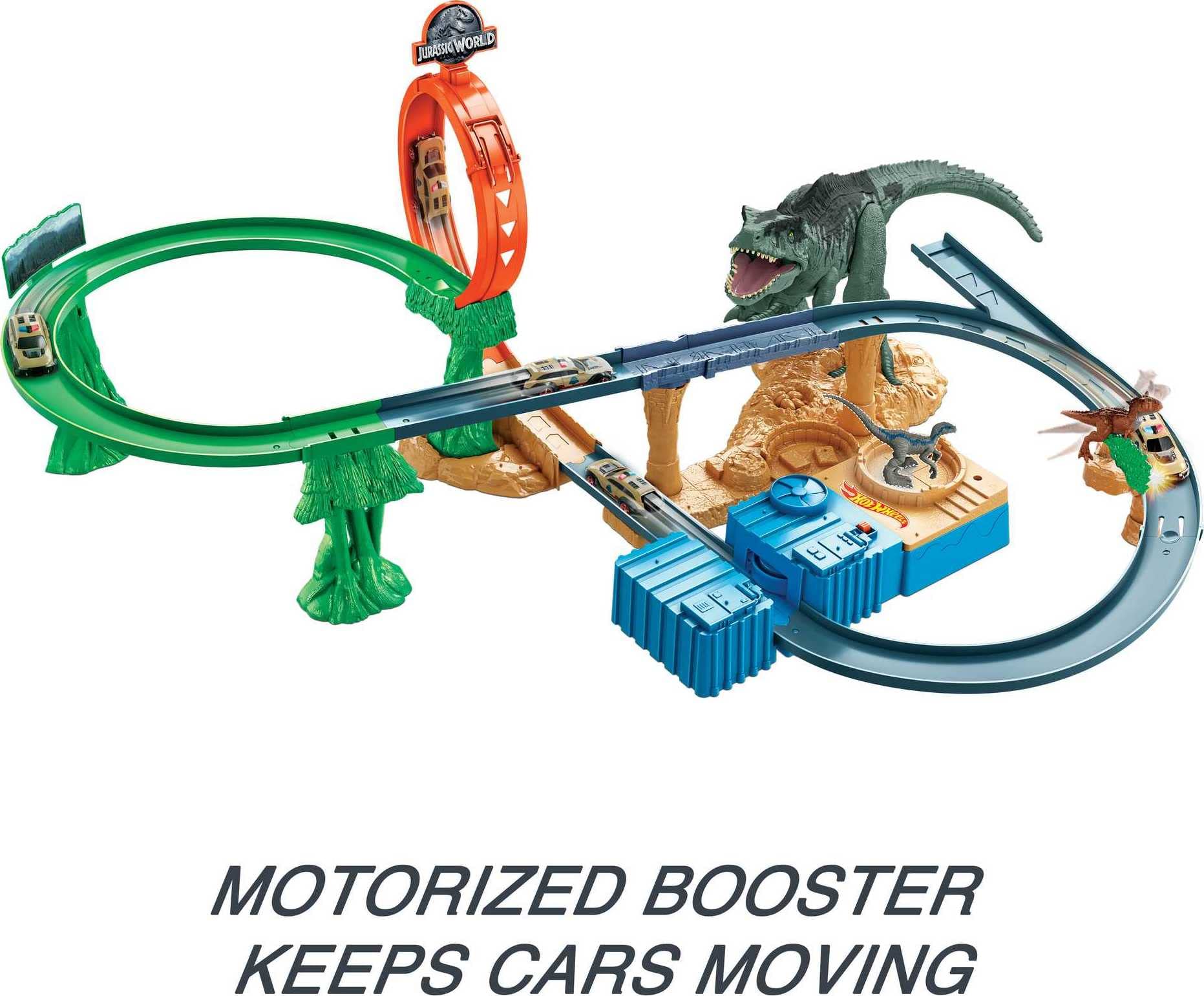 Hot Wheels Jurassic World Dominion Toy Cars & Track Set - Motorized Clash 'n Crash Playset with T-Rex Dinosaur, Booster & 1:64 Scale Die-Cast Car for Kids - Dinosaur Battle Racing Game for Birthday Gifts & Indoor Play