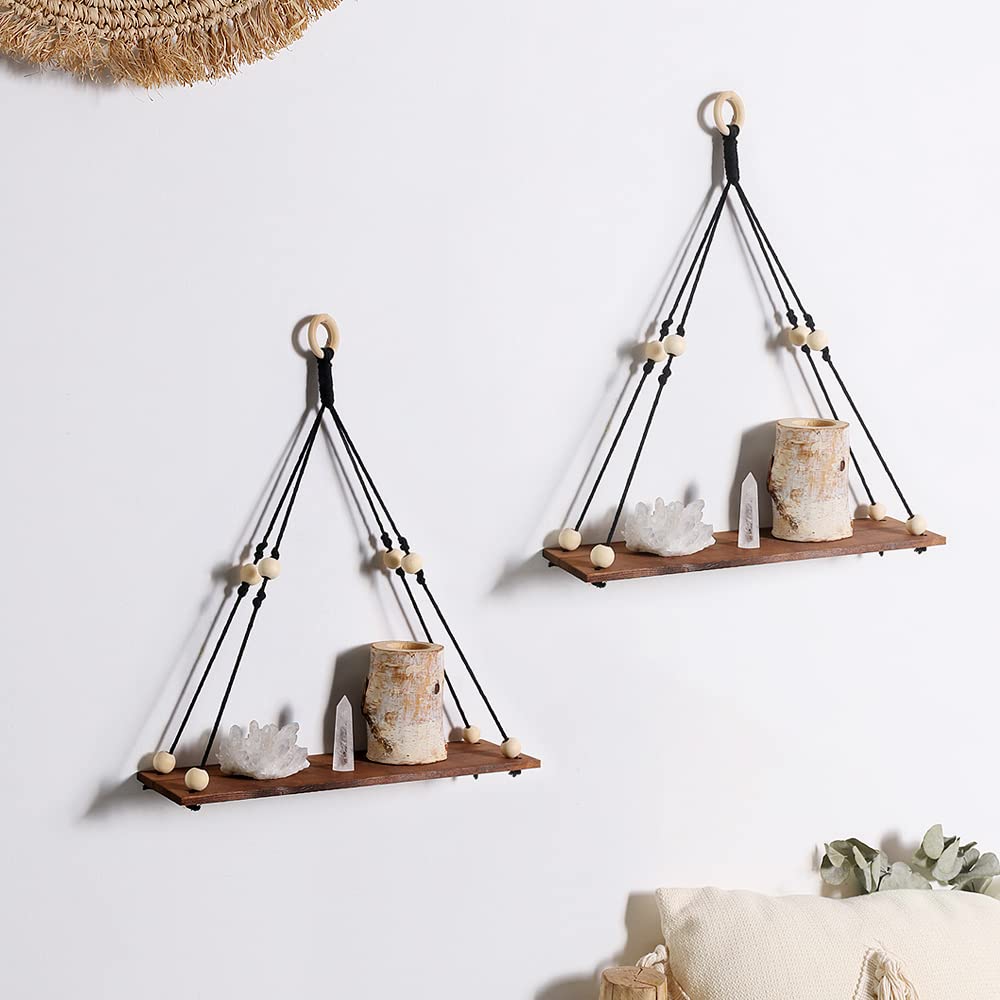 2 Pack Wooden Wall Hanging Shelves - Handmade Boho Macrame Plant Shelf, Rustic Floating Shelf for Plants, Pots & Home Decor | Perfect for Living Room, Bedroom, Balcony & Indoor Gardening (Black)