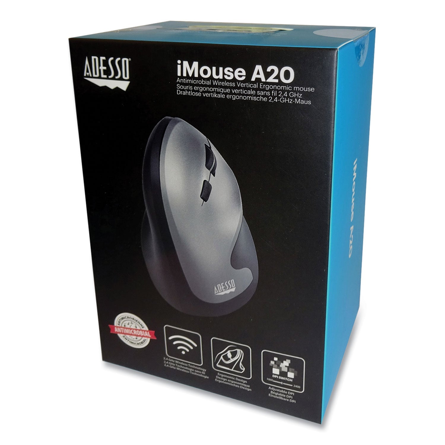 Adesso Imouse A20 Antimicrobial Vertical Wireless Mouse - Ergonomic Right-Handed Design, 2.4GHz with 33ft Range, Black/Granite - Perfect for Office Work, Gaming & Computer Use