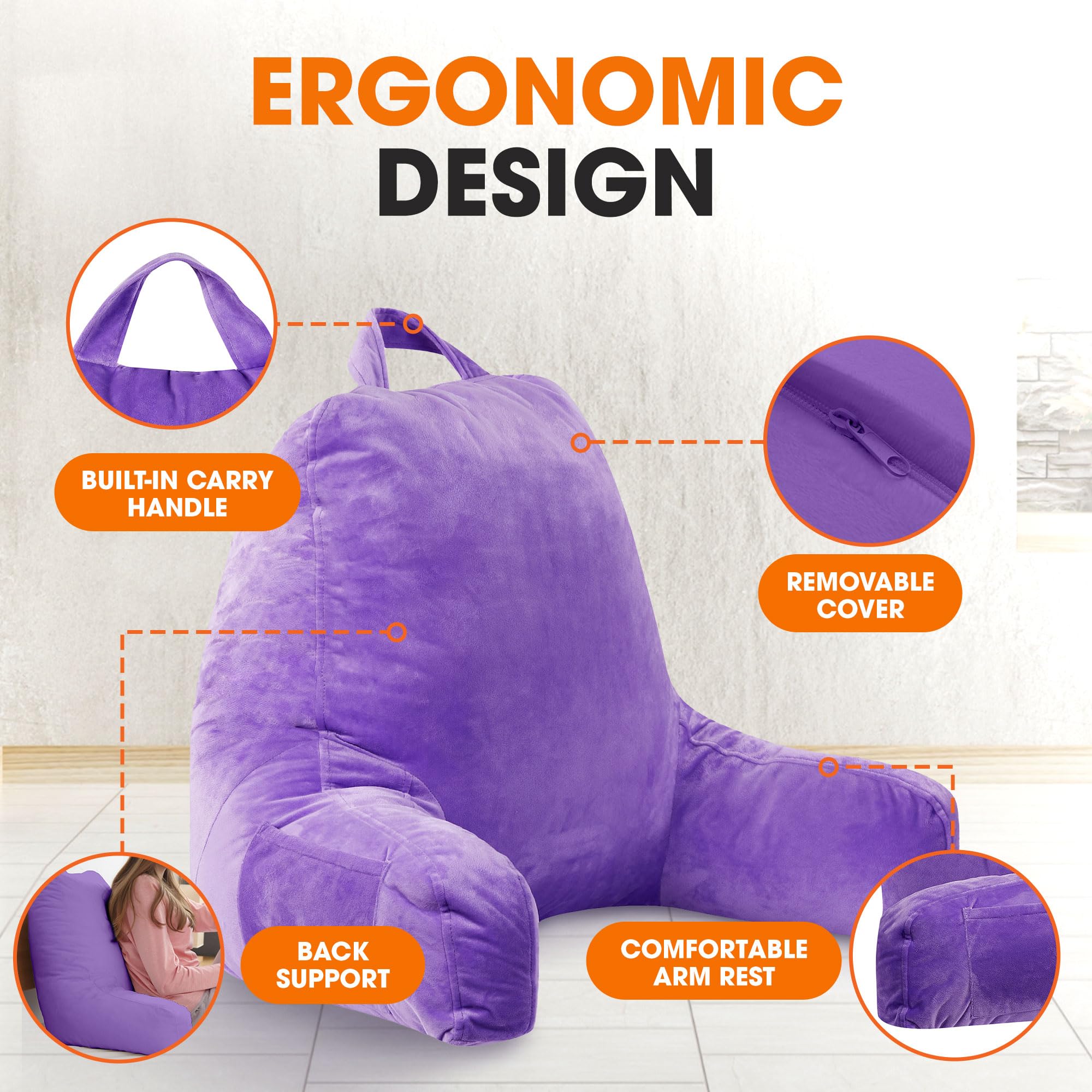 **Cheer Collection Reading Pillow with Arms – Portable Bed Pillow for Sitting Up & Back Support, Hollow Fiber-Filled Backrest for Bed & Couch, Machine Washable, Purple – Perfect for Reading, Relaxing & Watching TV**