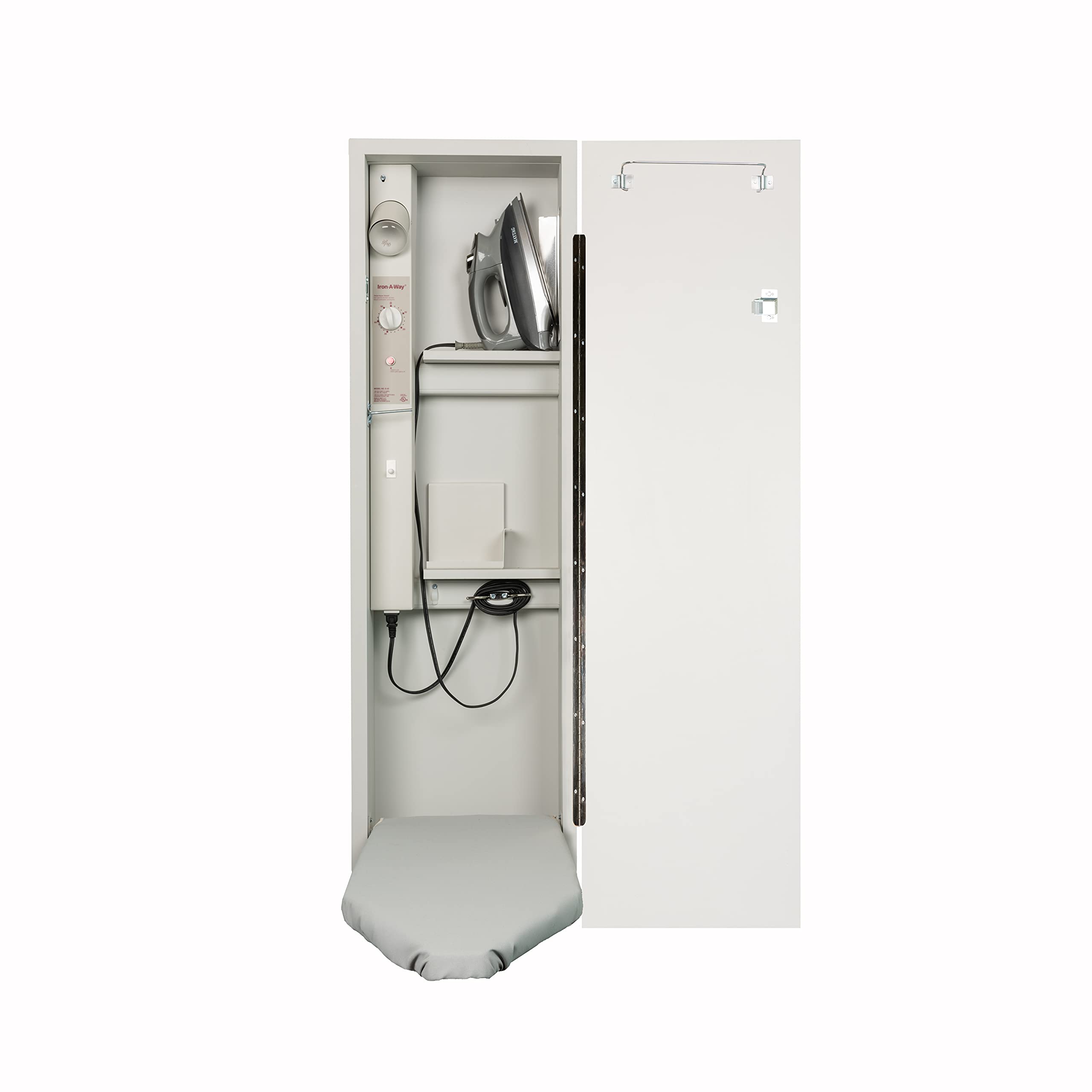 Built-In Ironing Center with 42 Inch Ironing Board | Electrical System & Hot Iron Storage | White Flat Door E42FWU | Perfect for Laundry Rooms & Home Organization