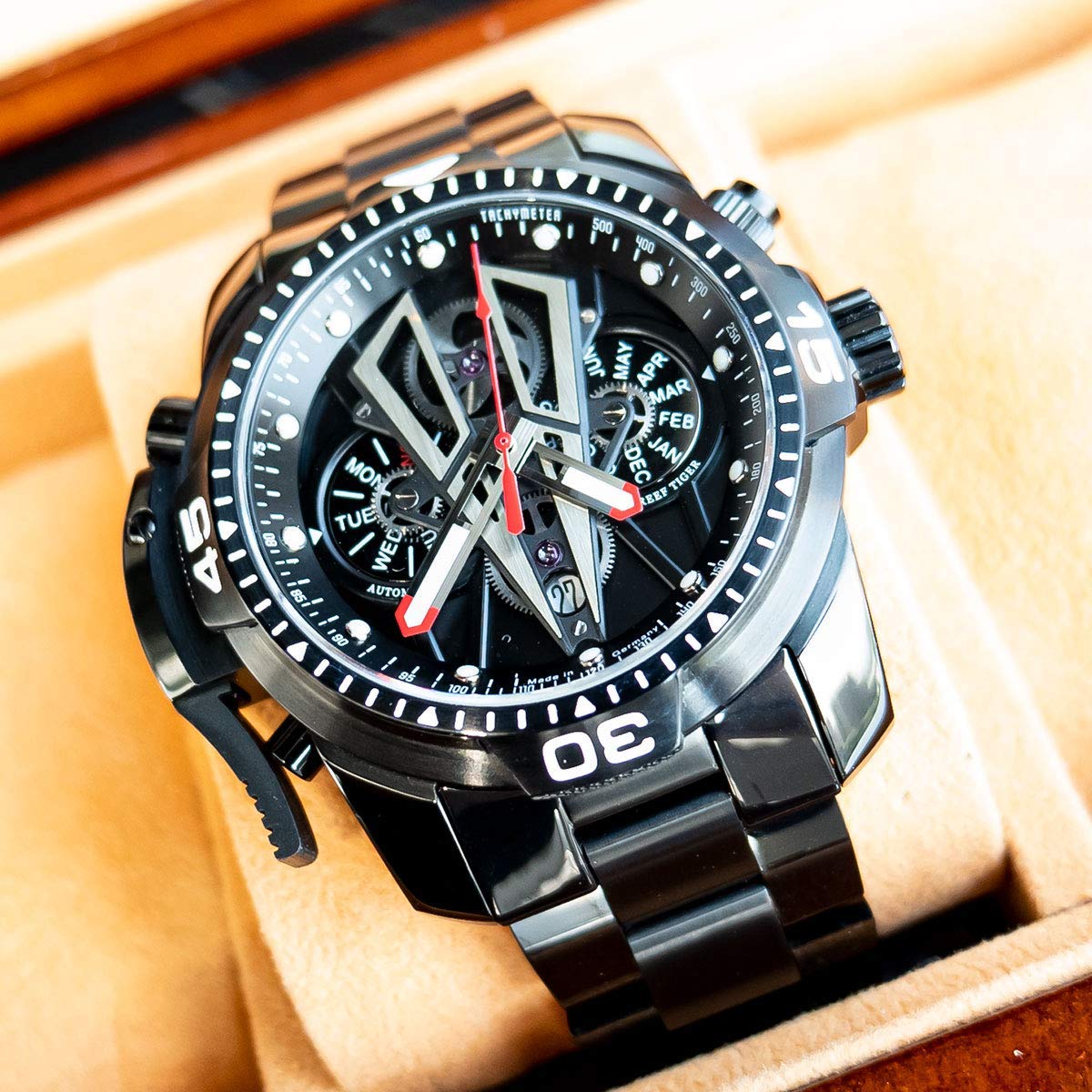 REEF TIGER Men's Automatic Mechanical Watch - Stainless Steel Sports Chronograph with Date Window, Water Resistant, Multi-Functional RGA3591 - Perfect for Outdoor Adventures, Business Meetings & Casual Wear