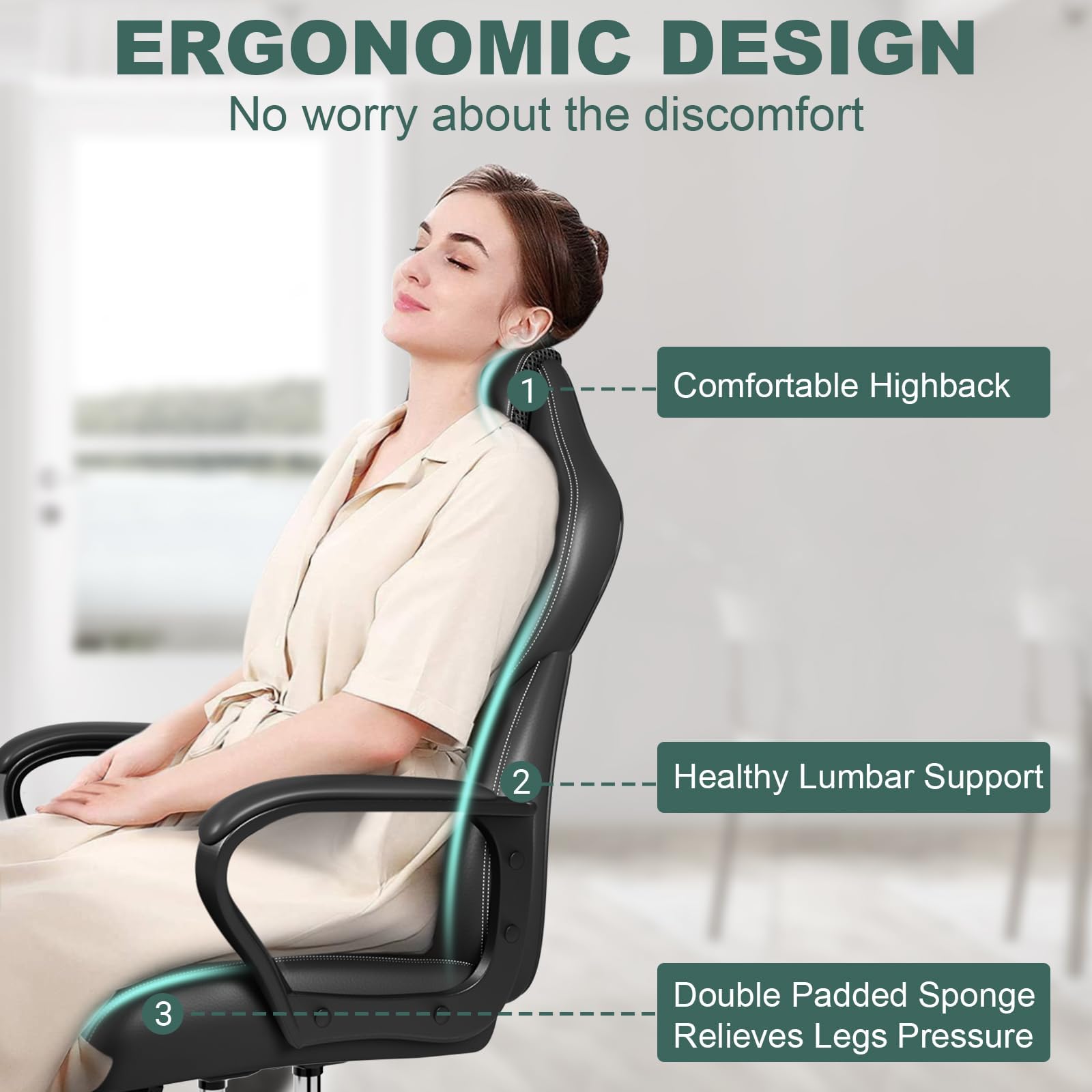 Ergonomic Office Chair - Adjustable Height Computer Desk Chair for Home, Gaming & Business, Durable Executive Chair with 150kg Weight Capacity (Black) - Perfect for Long Work Hours, Gaming Sessions & Home Office Use