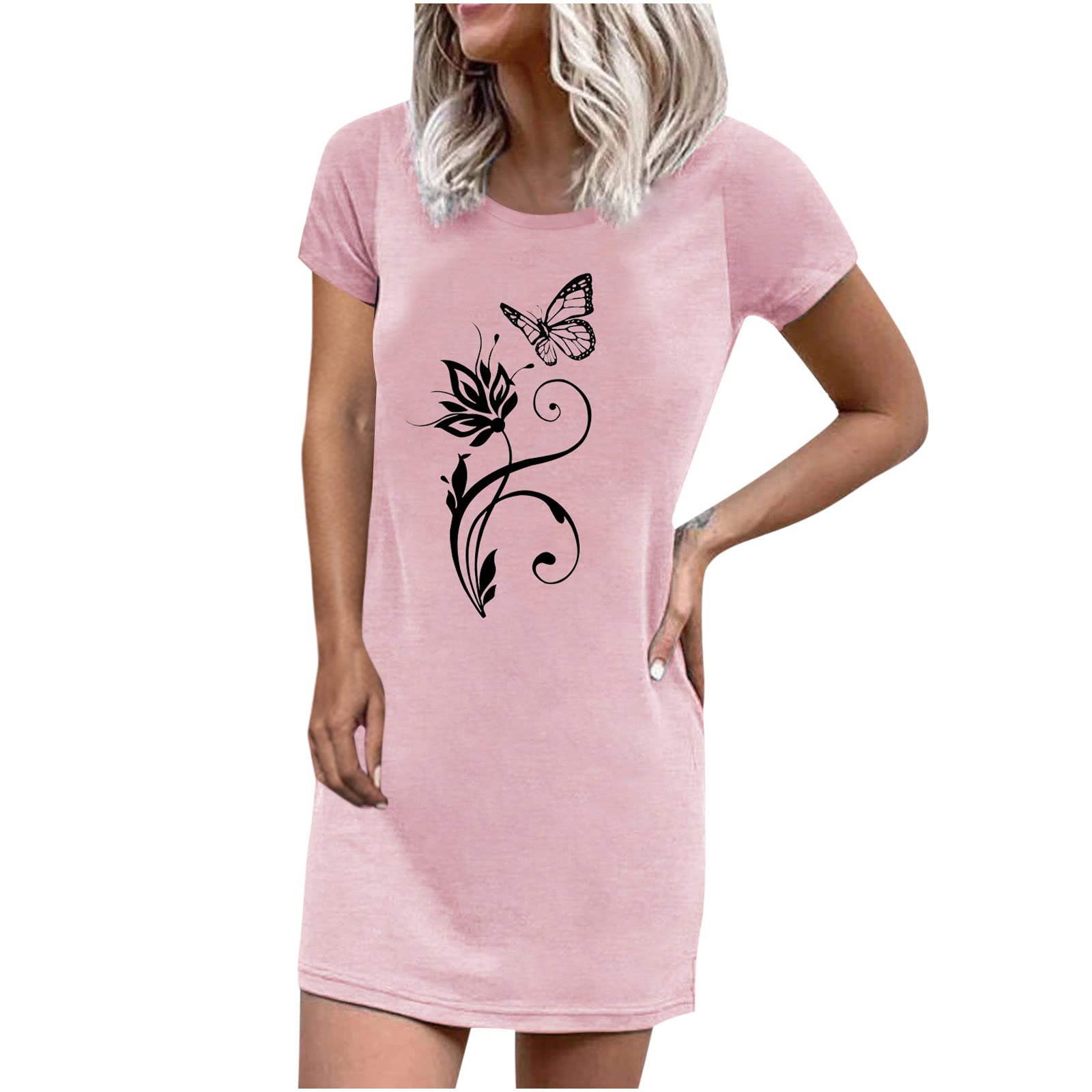 bmkBWO Women's Butterfly Print T-Shirt Dress - Short Sleeve Crewneck Summer Sundress, Slim Fit Casual Dress for Beach, Vacation & Everyday Wear
