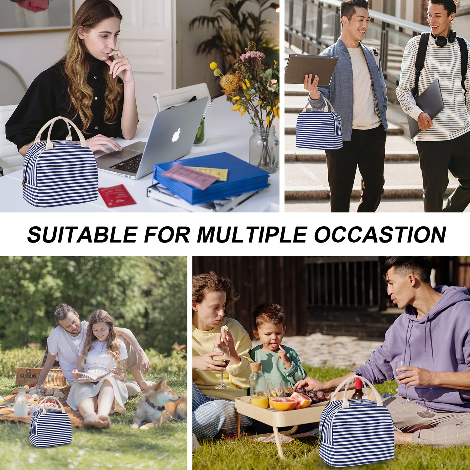 EurCross Insulated Lunch Bag for Women & Men - Blue & White Stripes Cooler Tote, Thermal Bento Box Bag for Work, Picnic, Beach & Outdoor Activities | Portable Canvas Lunch Tote with Temperature Control
