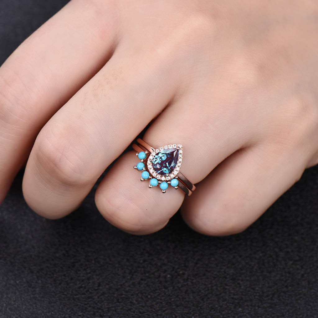 Vintage Pear Shaped Alexandrite & Turquoise Engagement Ring Set with Matching Band (2-Piece) - Perfect for Weddings, Anniversaries & Unique Proposal Gifts