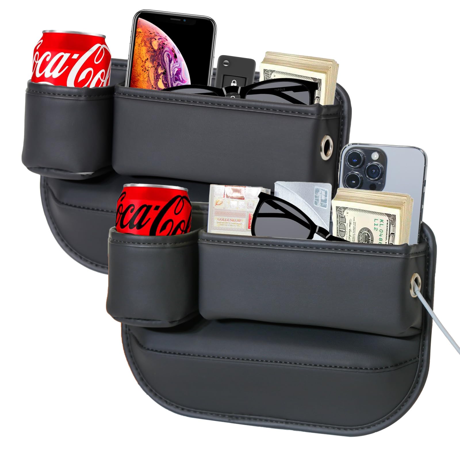 2 Pack Car Leather Cup Holder Gap Organizer - Black Seat Gap Filler Storage Box for Driver & Passenger | Perfect for Phones, Keys, Wallets & Small Items | Ideal for Sedans, SUVs & Trucks