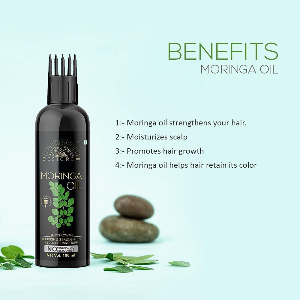 DESICREW Pure Cold Pressed Moringa Oil with Comb Applicator - 100ml Organic Hair & Skin Care - Promotes Growth, Moisturizes Scalp & Face - Perfect for Daily Hair Treatment & Skincare Routine