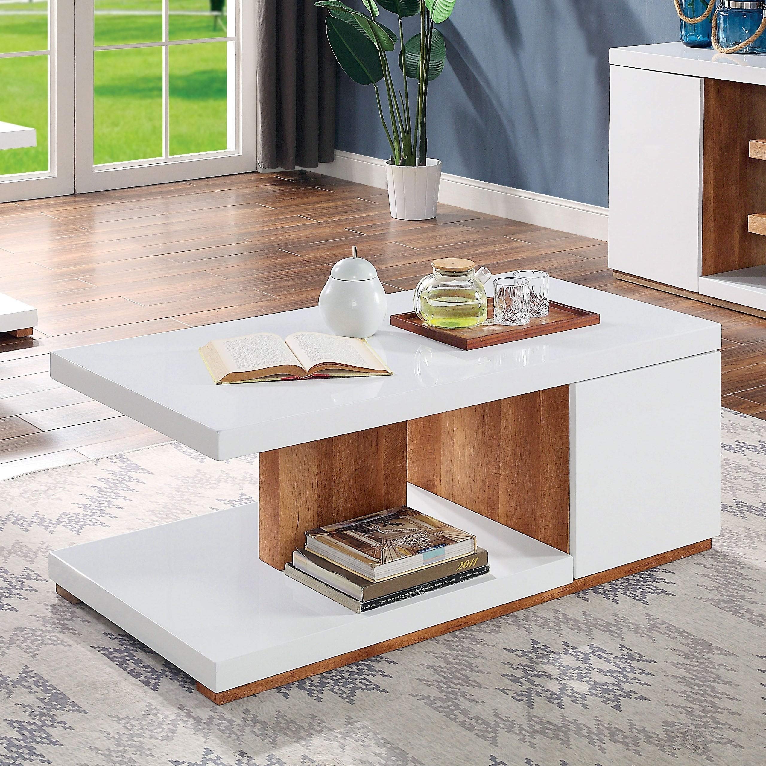 Modern White Coffee Table - Contemporary Transitional Rectangle Design with Veneer Wood & Natural Finish by Foa Brown | Perfect for Living Room, Lounge & Office Spaces