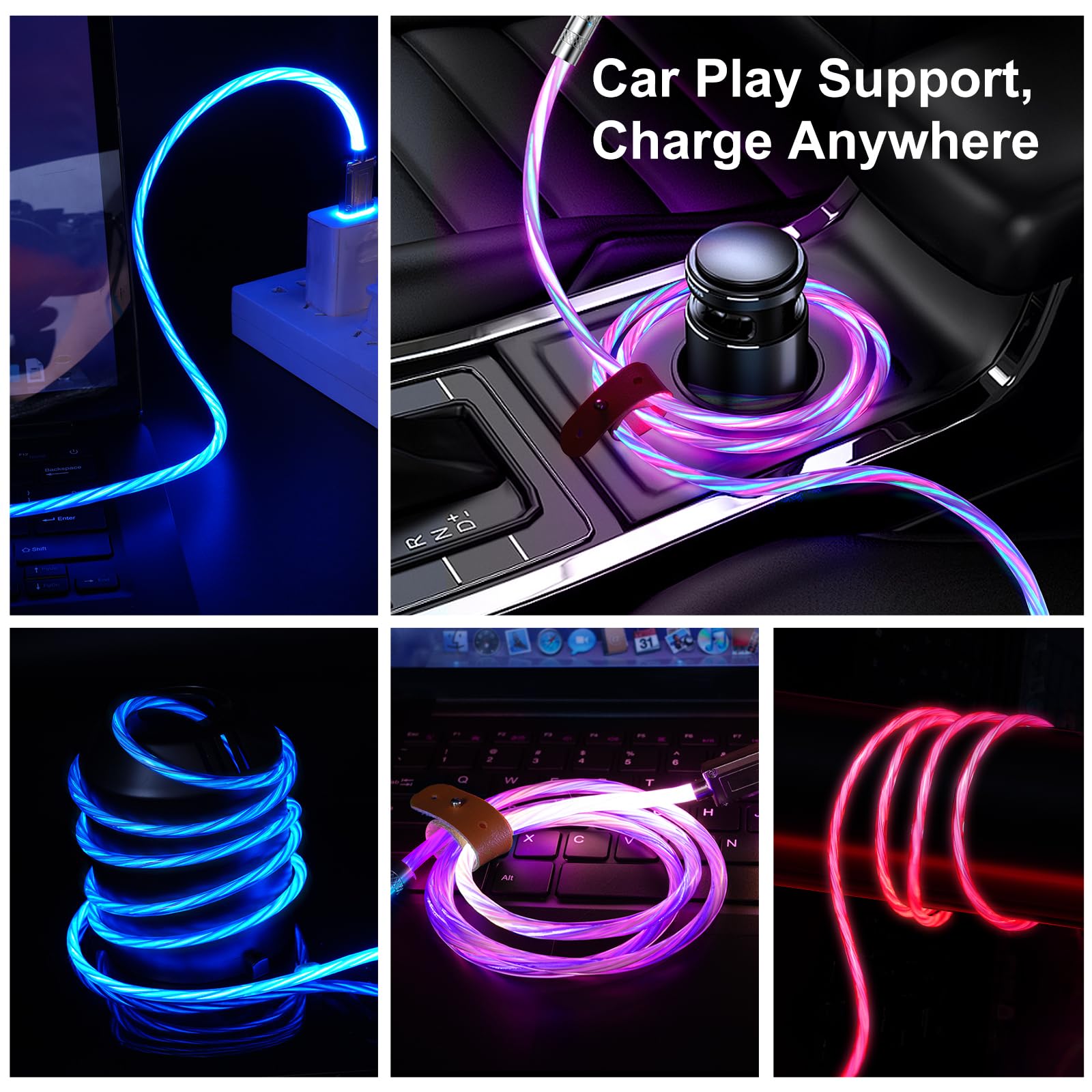 180° Rotating Fast Charging Lightning Cable 2M with LED Flowing Light - USB to Lightning Charger for iPhone 14/13/12/11/Pro Max/XS/XR/8/7/6 & iPad - Perfect for Home, Office & Travel Use