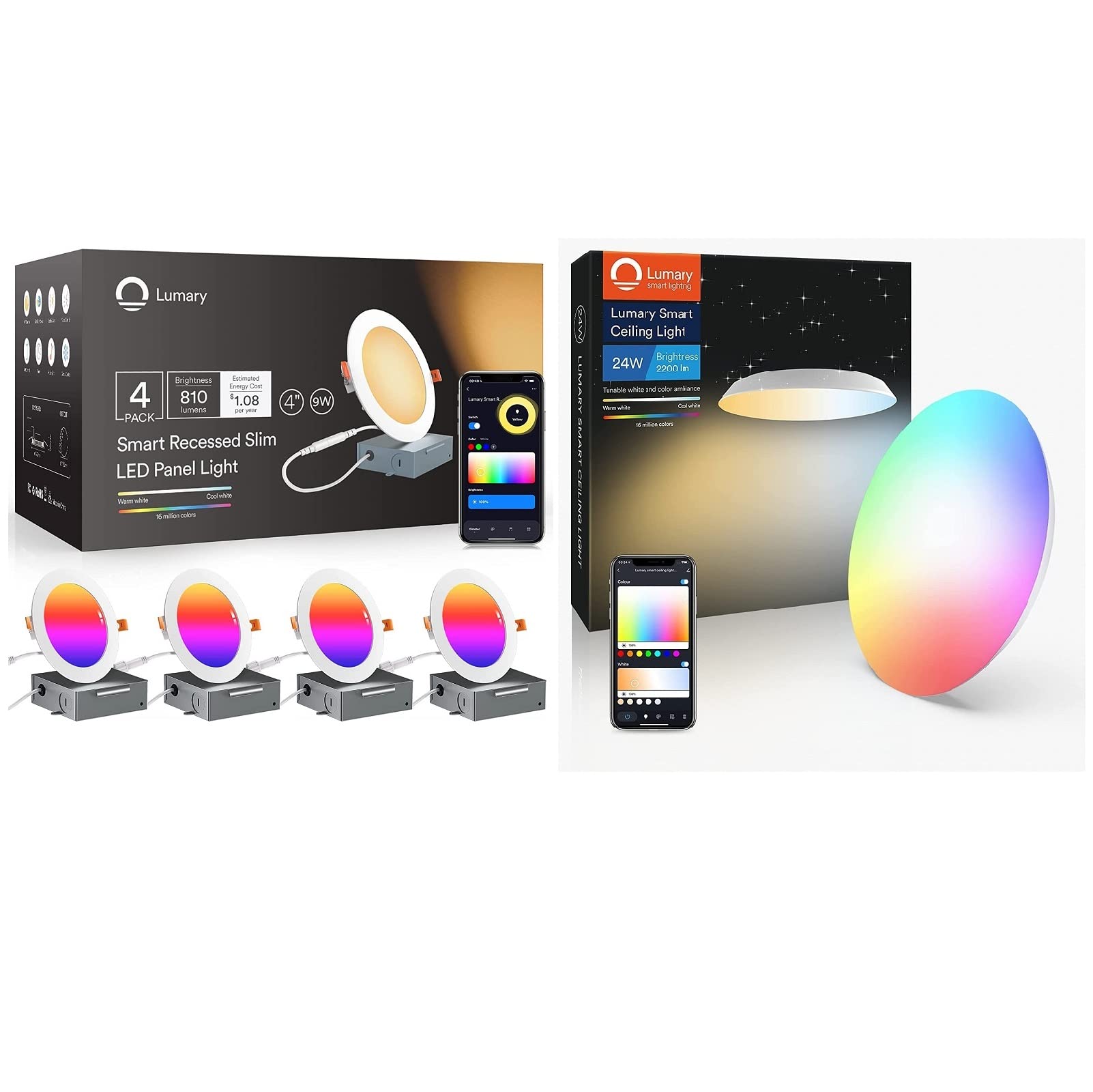 4 Inch Smart Recessed Lighting 4 Pack + 12 Inch Smart Ceiling Light 1 Pack - Dimmable LED Downlights for Home, Kitchen, Bedroom & Living Room