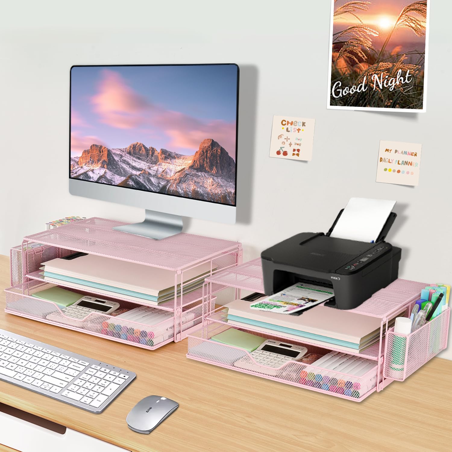 AUPSEN Adjustable Monitor Stand with Storage Drawer & Pen Holders - Ergonomic Desk Organizer for Computer, Laptop, Printer - Office & Home Workspace Accessories (Pink) - Perfect for Small Spaces & Clutter-Free Desktops