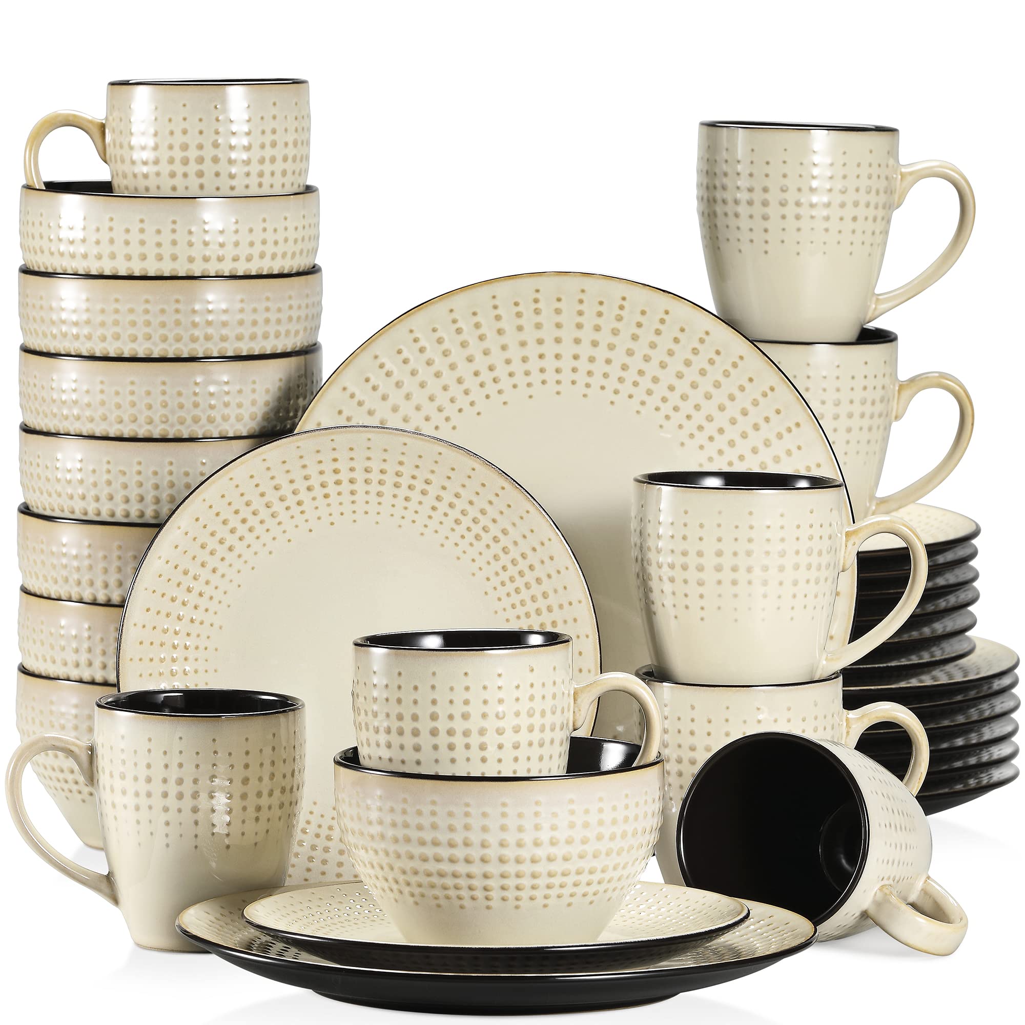 Vancasso GUTO Embossed Stoneware Dinner Set - 32-Piece Vintage Look Beige Tableware for 8, Includes Dinner Plates, Dessert Plates, Cereal Bowls & Mugs - Perfect for Family Dinners, Holiday Gatherings & Restaurant Style Dining