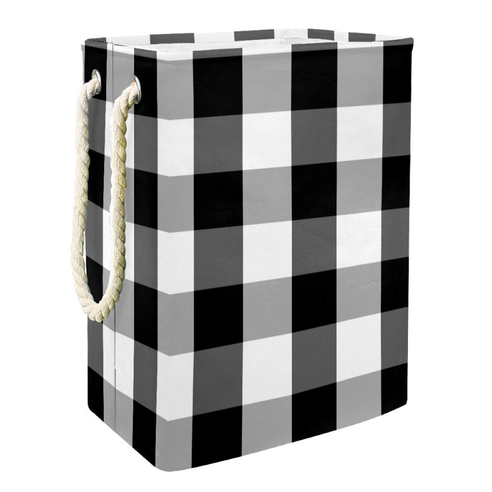 AISSO Large Laundry Hamper Basket - Waterproof Dirty Clothes Storage Bin with Handle for Bedroom, Laundry Room & Bathroom - Classic Buffalo Plaid Check Black White - Perfect for College Dorms, Apartments and Home Organization